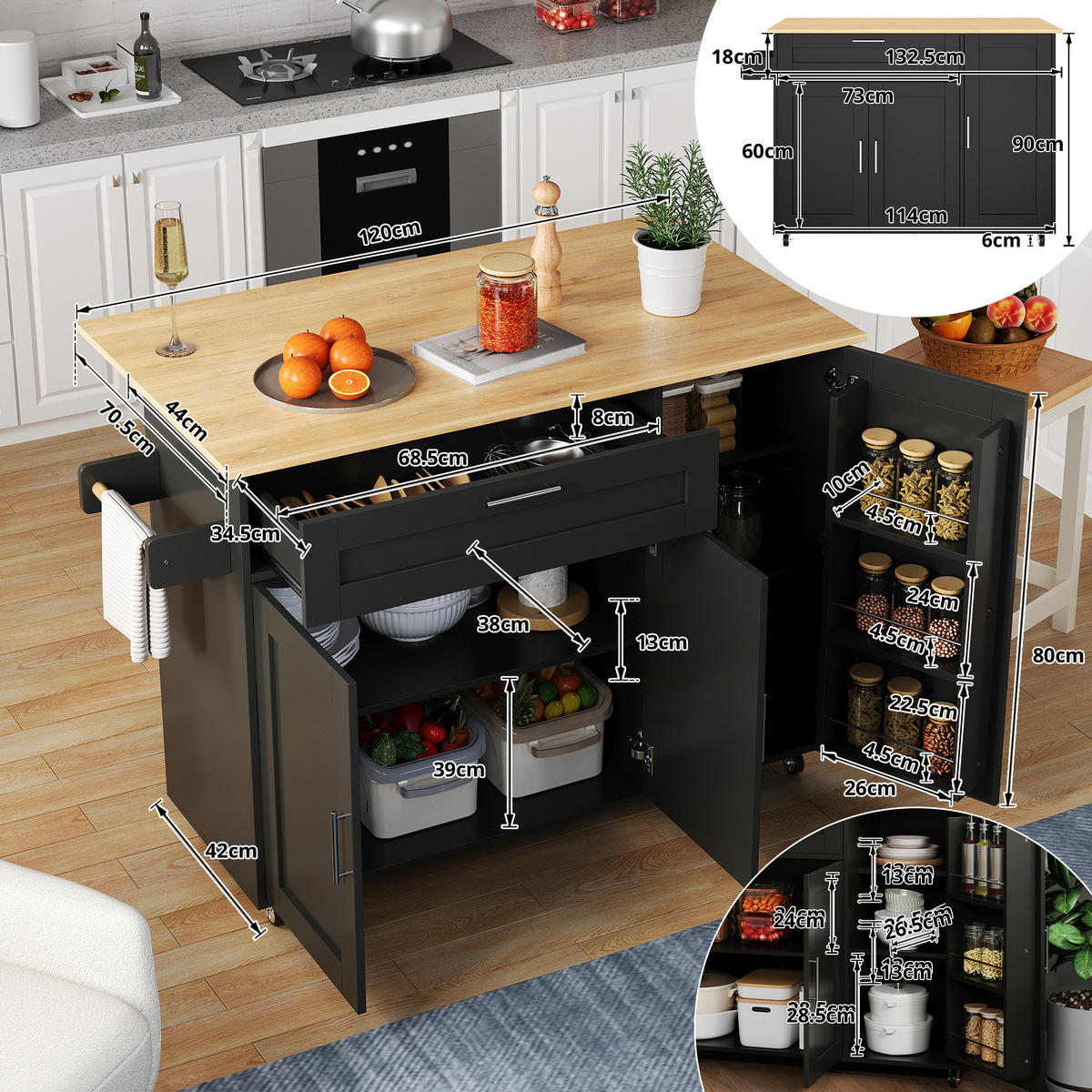 KÜCHENINSEL 132,5/90/44(70) cm Schwarz/Natur aus MDF mit klappbarer Arbeitsplatte - Schwarz, Holzwerkstoff (44/90/132.5cm) - OKMYHOME