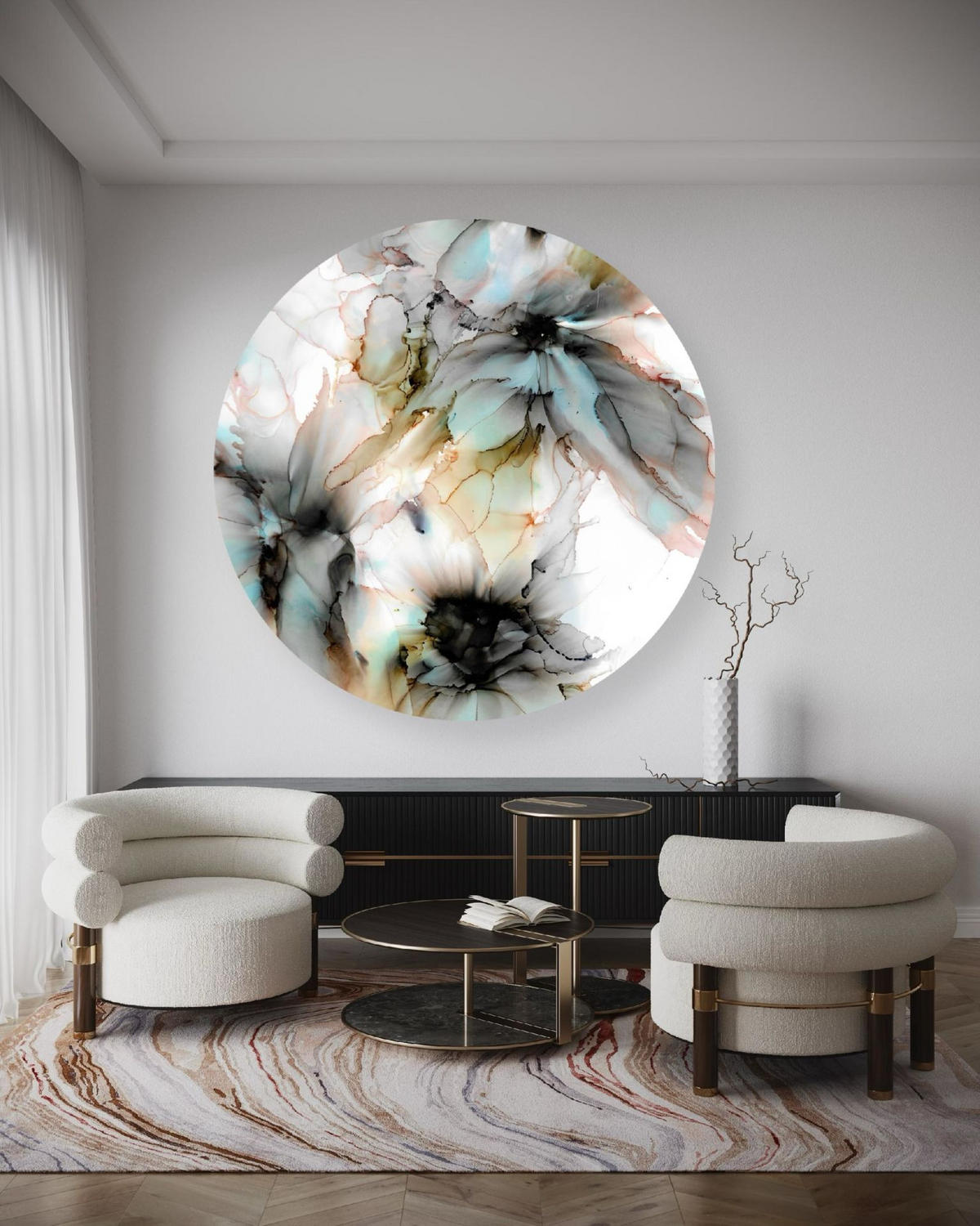 RUNDES BILD Türkis 80/80 cm - Türkis/Beige, Textil (80/80cm) - KUNSTLOFT