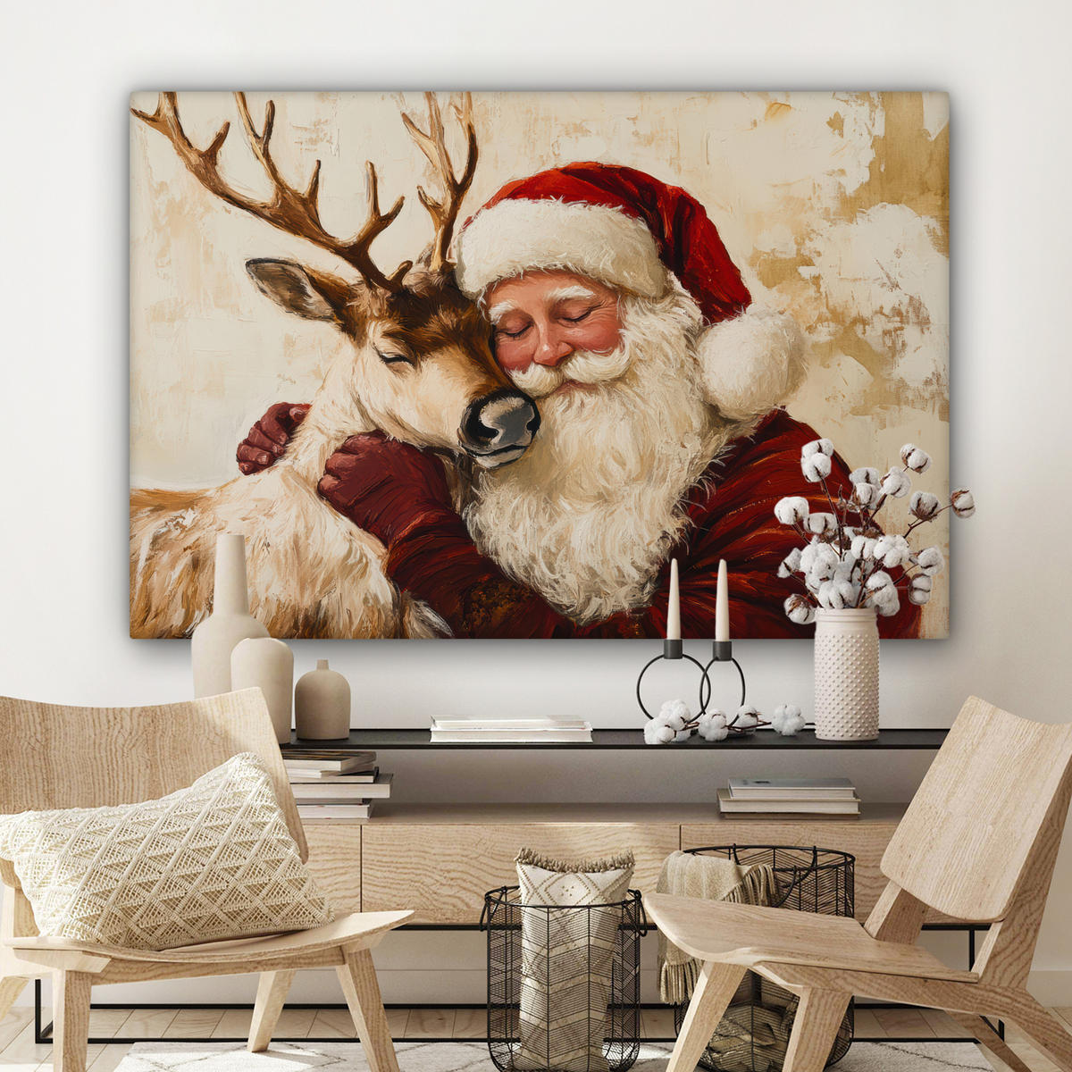 LEINWANDBILD Weihnachtsmann - Rentier - Weihnachten Wohnzimmer Groß 120x80 cm - Rotbraun, Textil (120/80cm) - MuchoWow