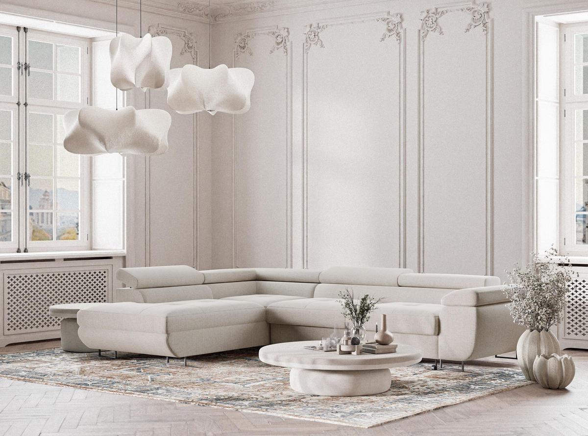 ECKSOFA Concord Hellbeige Webstoff - Links Seite - Creme/Schwarz, Holz/Holzwerkstoff (203/277cm) - Maison de Reve