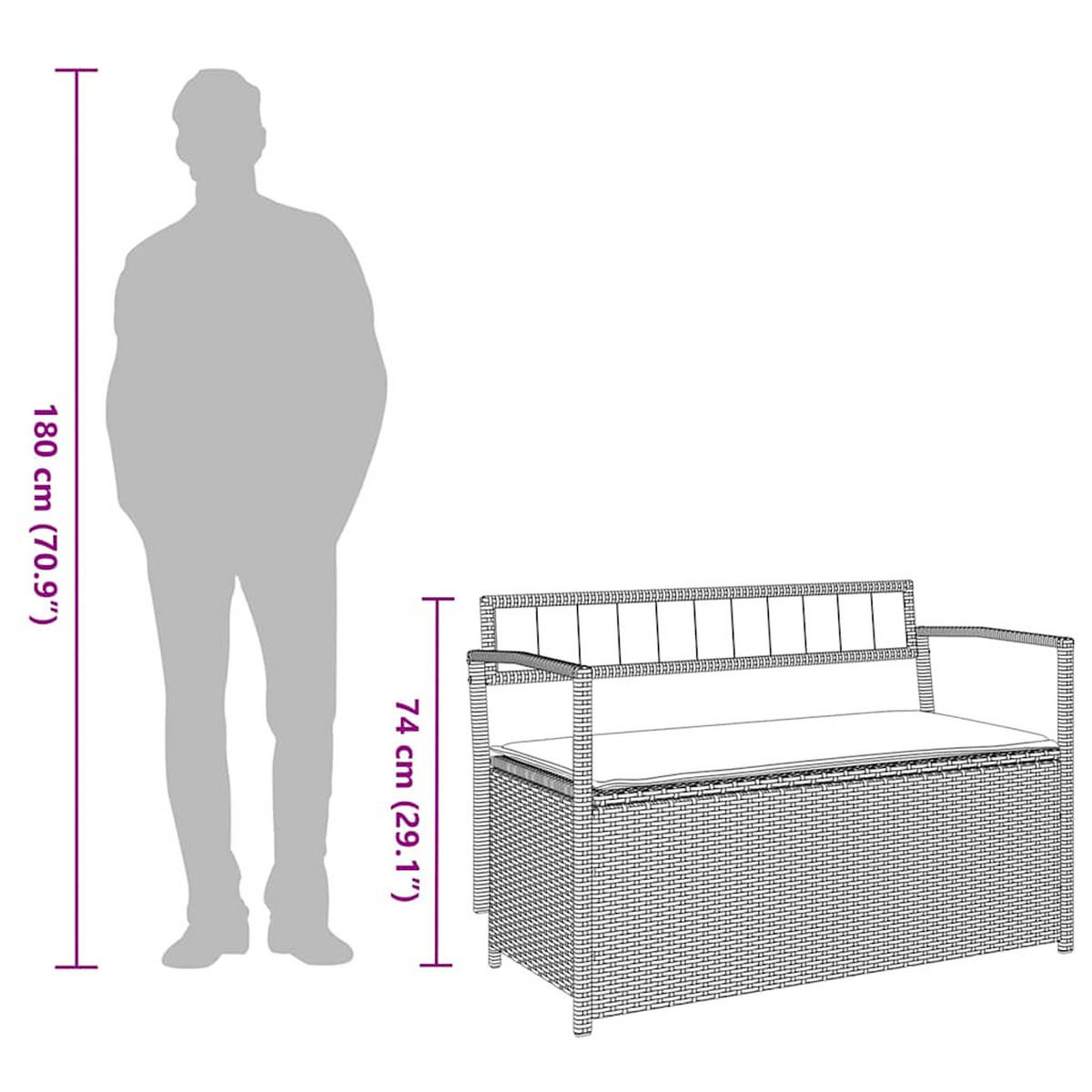 GARTENBANK Mit Stauraum Und Kissen Grau Poly Rattan - Grau, Kunststoff (54/74/111.5cm) - vidaXL