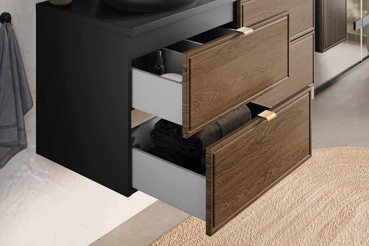 BADMÖBEL-SET 8 Teile - Talia Casella T BM91 in Schwarz Matt/Casella Oak - Hellbraun/Goldfarben, Holz/Metall (60/140/46cm)