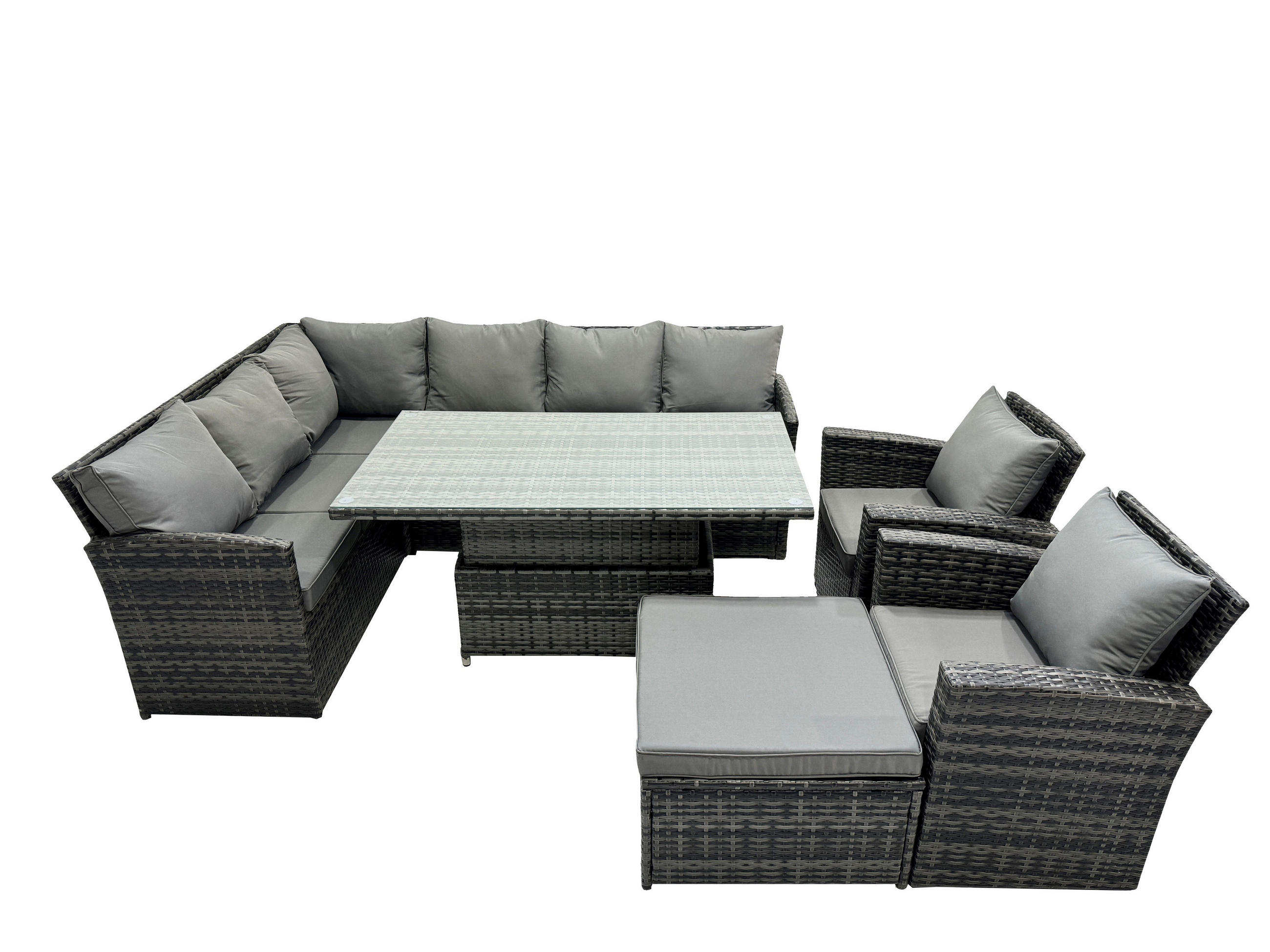 GARTENSET mit Höhenverstellbarer Tisch, Fußhocker, 2 Stühle Polyrattan Dunkelgrau 9-Sitzer - Dunkelgrau/Grau, Glas/Kunststoff - Fimous