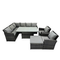GARTENSET mit Höhenverstellbarer Tisch, Fußhocker, 2 Stühle Polyrattan Dunkelgrau 9-Sitzer - Dunkelgrau/Grau, Glas/Kunststoff - Fimous