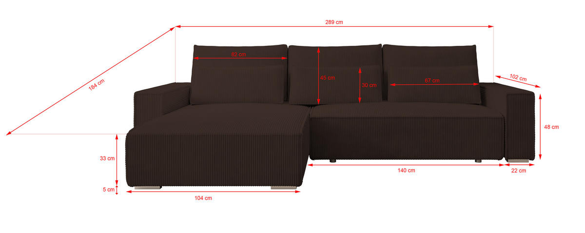ECKSOFA Alice mit Bettkasten und Schlaffunktion, Cordstoff in L-Form - Braun, Textil (289/184cm)