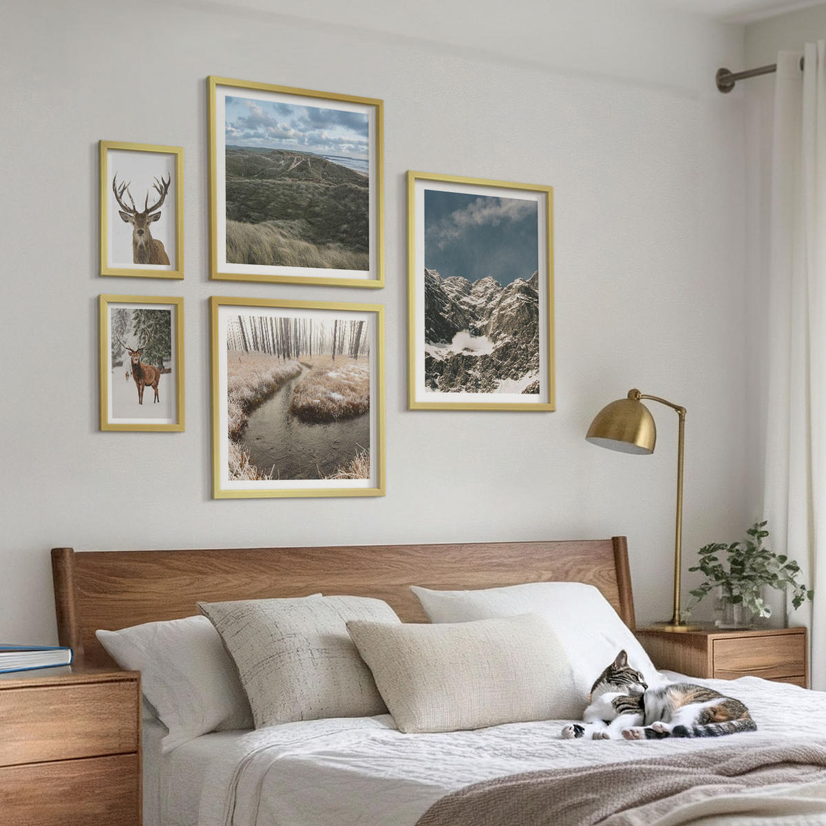 WANDBILDER 5er Set - 50x50 cm & 20x30 cm & 40x60 cm Goldrahmen - Berge, Schnee, Hirsche, Waldlandschaft - Goldfarben, Kunststoff (40/60cm) - ArtPrintCave
