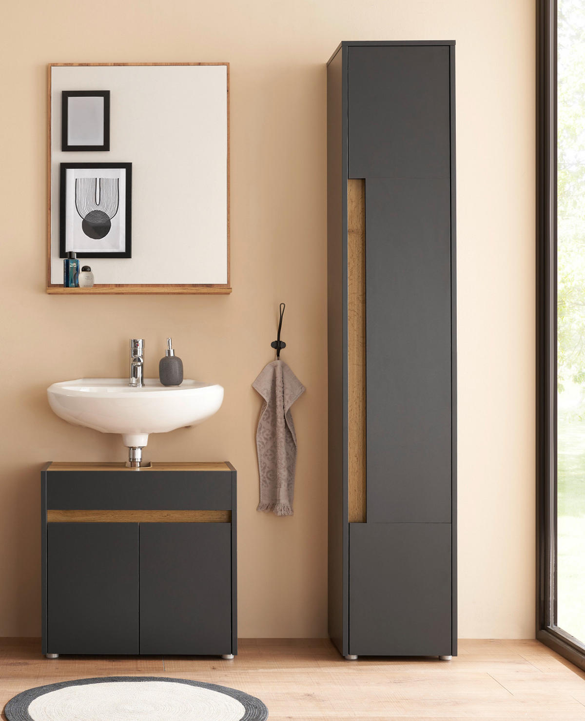BADMÖBEL-SET 3-teilig grau matt, Wotan Eiche, Badkombination 114 cm - Eiche Wotan/Schwarz, Glas/Holzwerkstoff (116/200/34cm) - Furn.Design