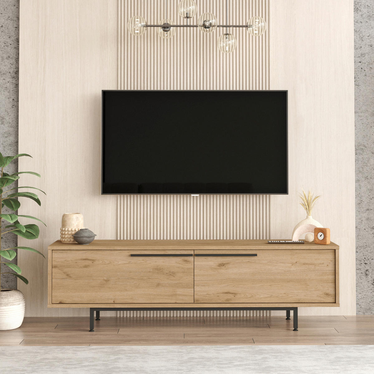 TV SKŘÍŇKA Urejovle - černá/barva dubu, kov/kompozitní dřevo (160/45/35.5cm) - [en.casa]