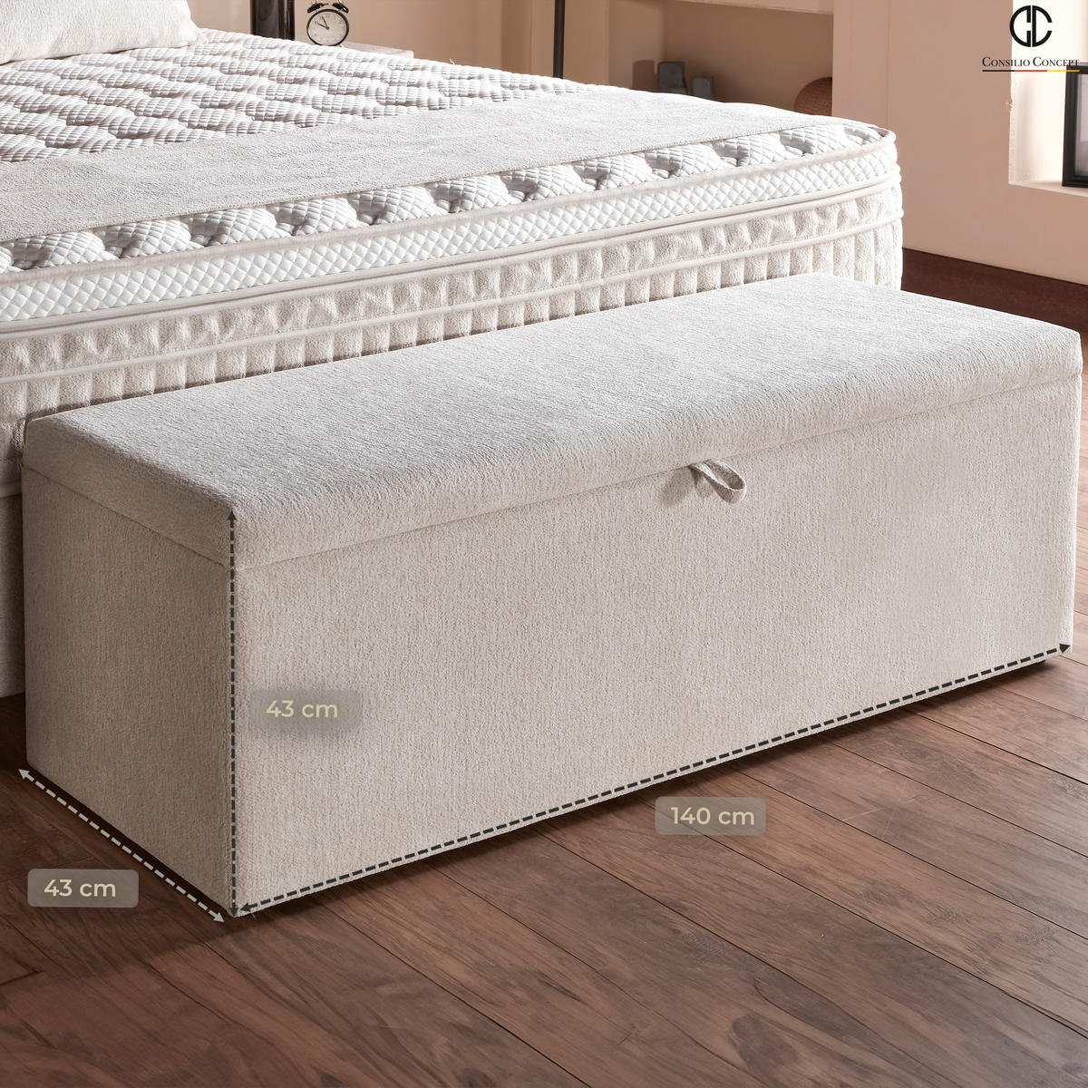 BETTBANK OSLO 140/43/43 cm, Ivory, Aufklappbar, mit Stauraum - Creme/Schwarz, Holz/Kunststoff (140/43/43cm) - Consilio Concept