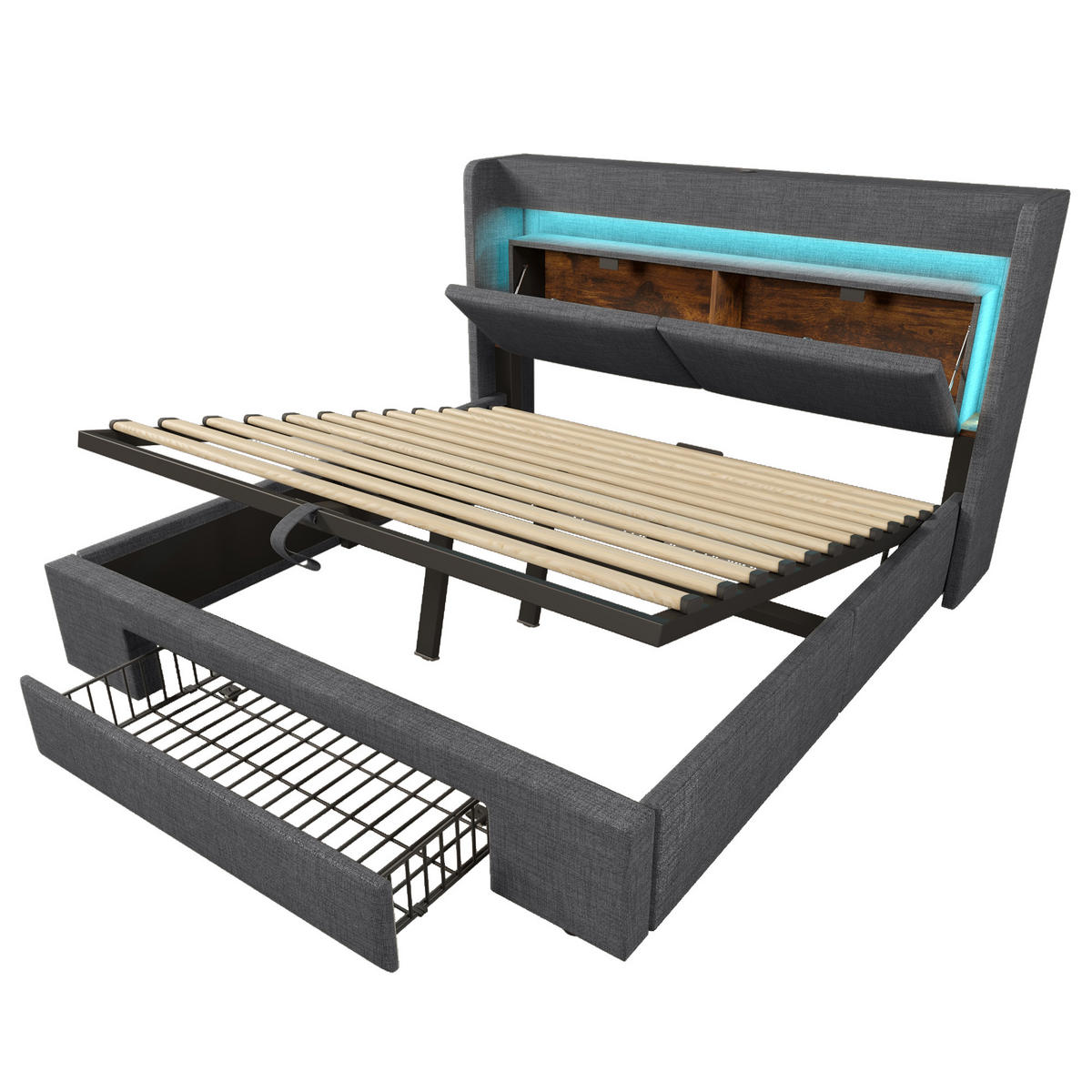 POLSTERBETT 140/200 cm mit LED, USB/USB-C, hydraulischem Stauraum und Kopfteil mit Ablage, Leinen, Grau - Grau, Textil (140/200cm) - Redom