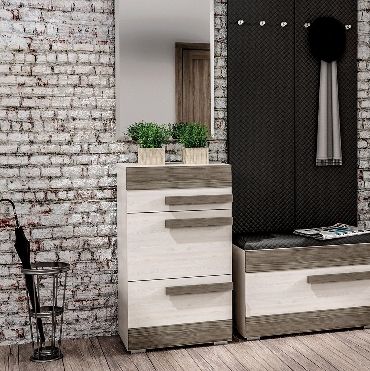 SCHUHSCHRANK Blanco Pinie weiß / grau 55 / 42 / 96cm - Weiß, Holz/Holzwerkstoff (55/96/42cm) - Feldmann-Wohnen