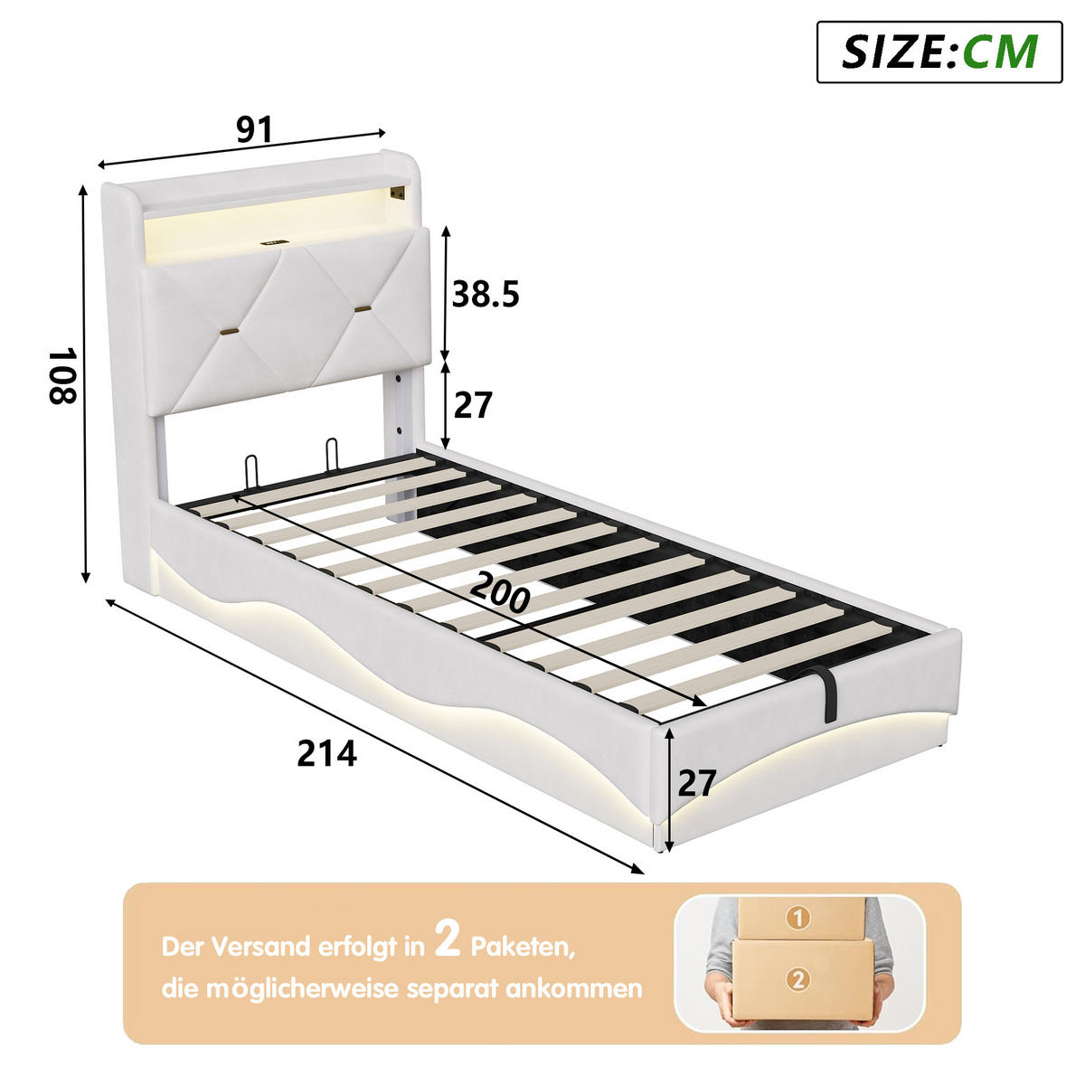 POLSTERBETT 90x200 cm mit Bettkasten, hydraulischer Stauraum, LED, USB & Type-C, Kopfteil mit Ablage und Lattenrost, Beige - Beige, Metall (90/200cm) - EuroLiving