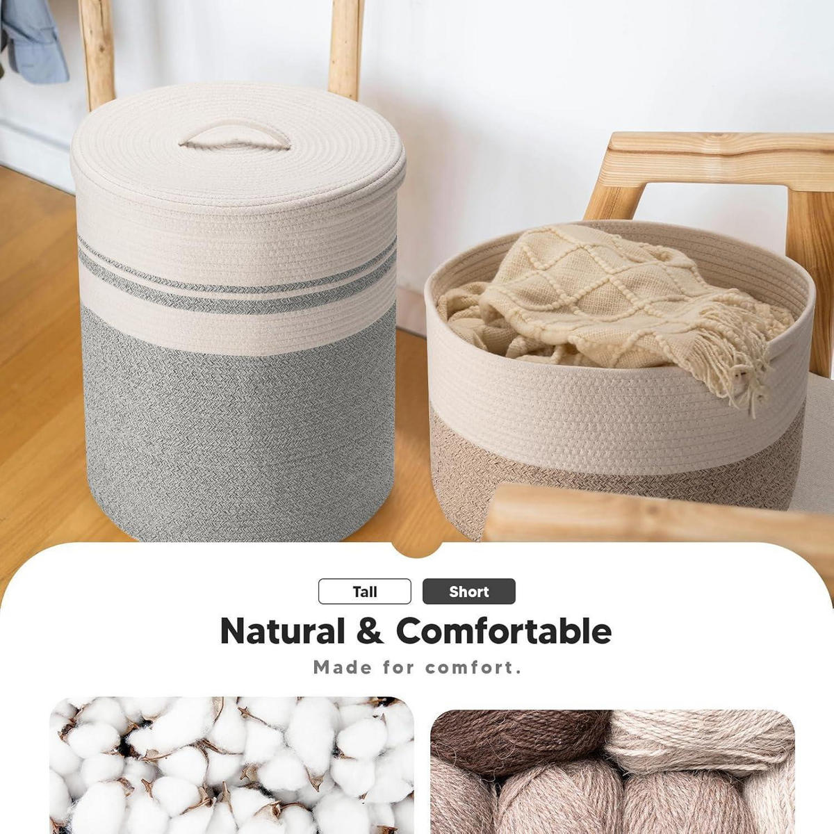 WÄSCHEKORB mit Deckel 58L Baumwollseil Grau 38 x 50 cm - Multicolor, Textil (38/50/38cm)