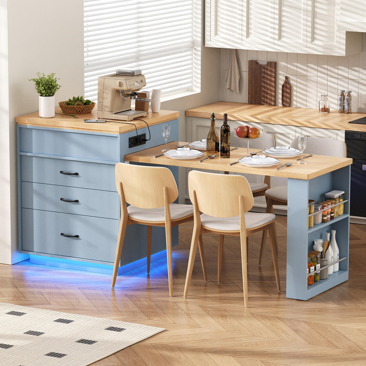 KÜCHENINSEL mit ausziehbarem Tisch LED 125,5-187,5 x 71 x 93 cm MDF Blue - Blau, Holzwerkstoff (71/93/125.5cm) - Meubliv