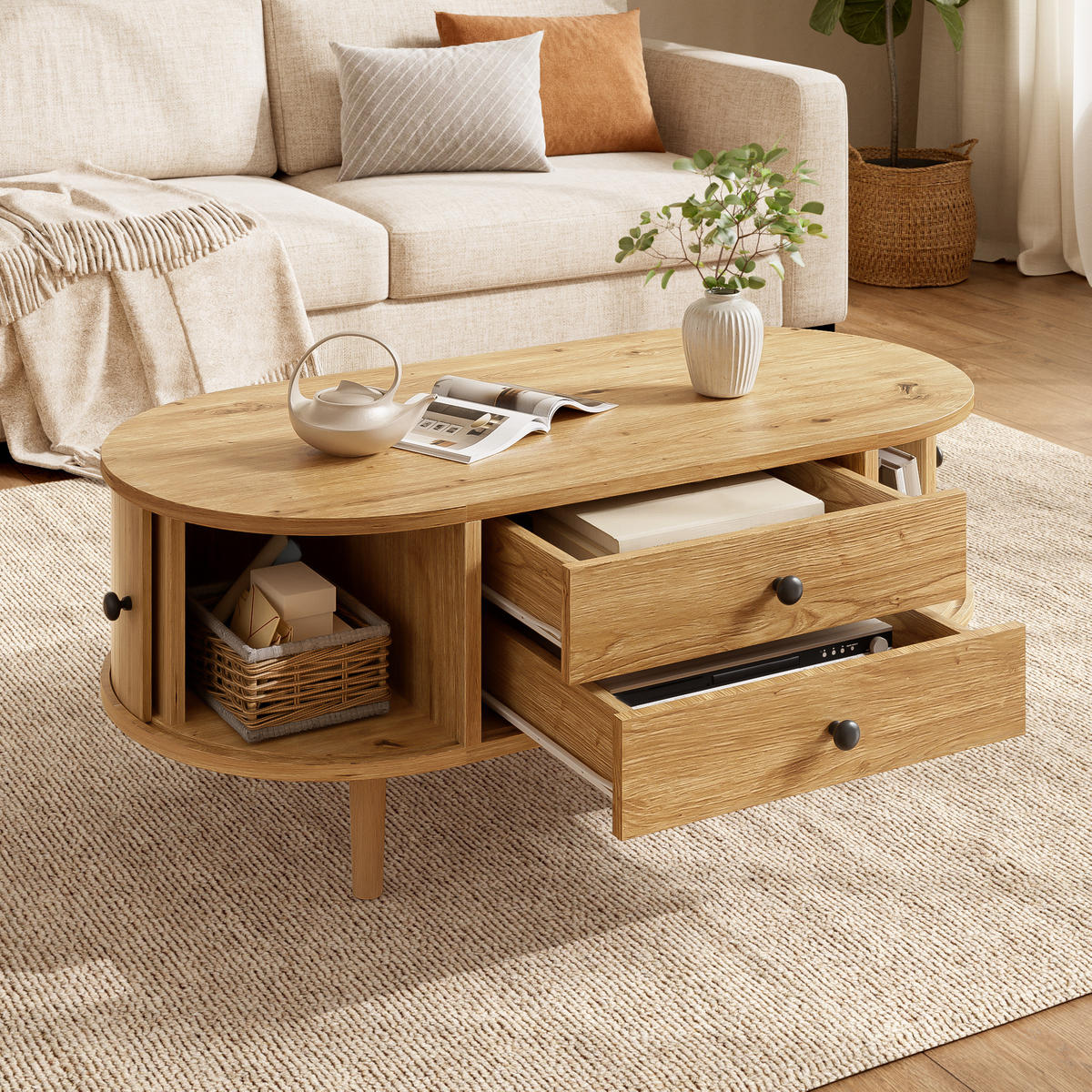 COUCHTISCH Oval Leisten Schiebetüren 2 Schubladen MDF - Eichefarben, Holzwerkstoff (100/50/40cm) - FLIEKS