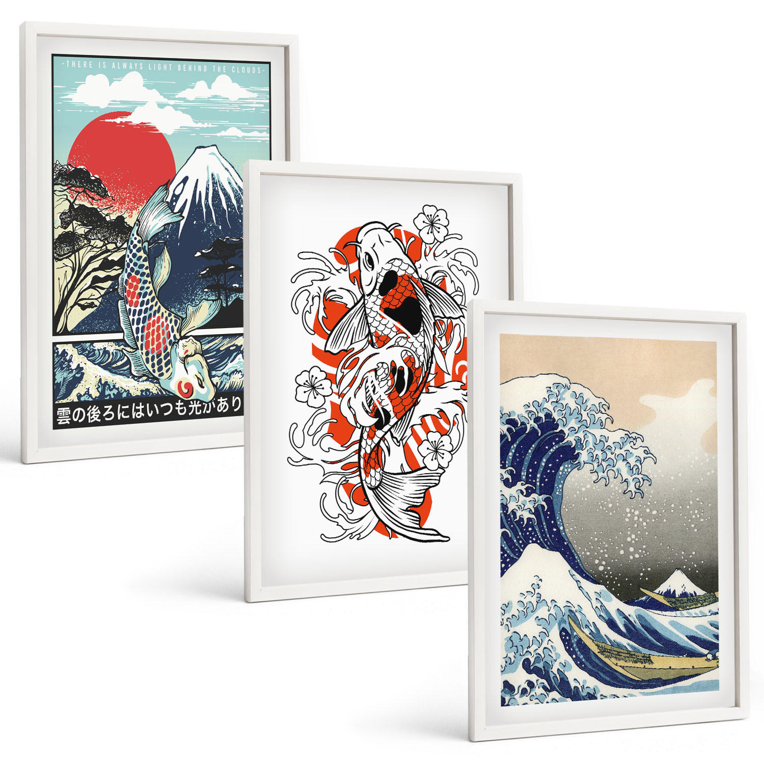 BILDER SET 3er Set - 40x60 cm Weißer Rahmen - Berge von Fischen Große Welle Japan - Weiß, Kunststoff (40/60cm) - TULUP