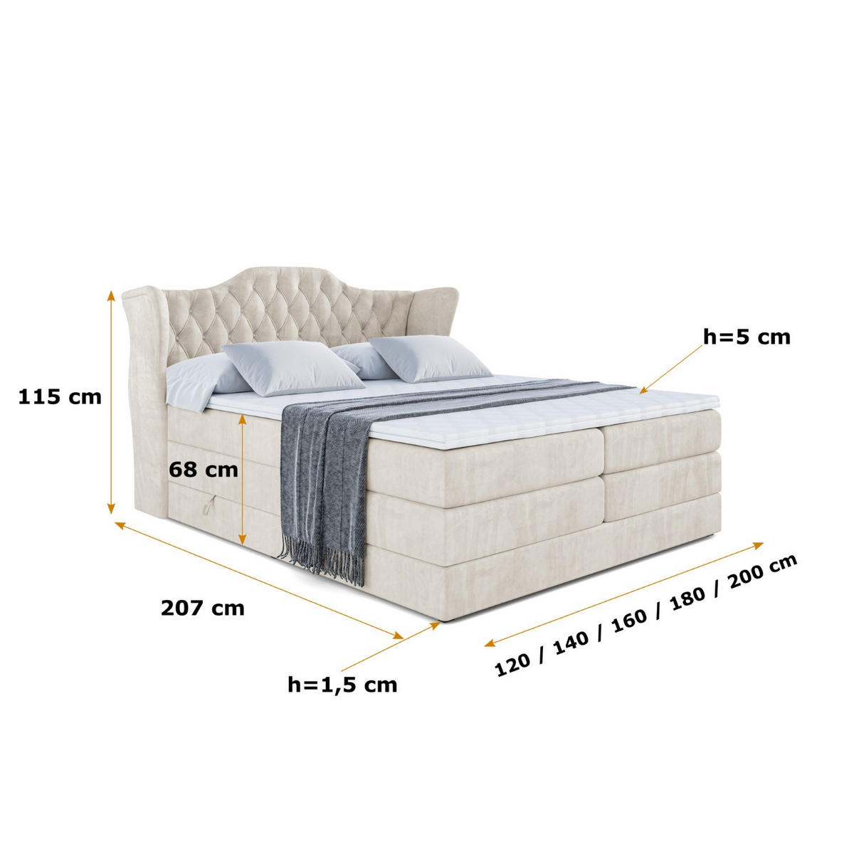 BOXSPRINGBETT VILA KING - 180x200 - H3/H4 - Creme - Creme, Holzwerkstoff (180/200cm) - ALTDECOR