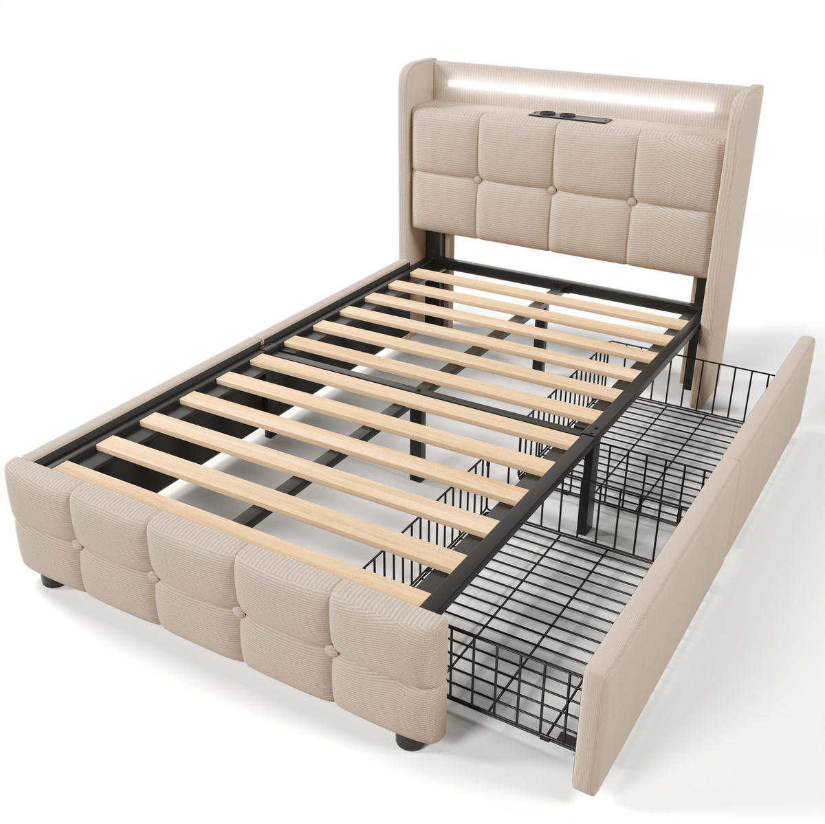 POLSTERBETT mit USB, LED und 2 Schubladen 90x200 cm Beige - Beige, Holz (90/200cm) - Meubliv