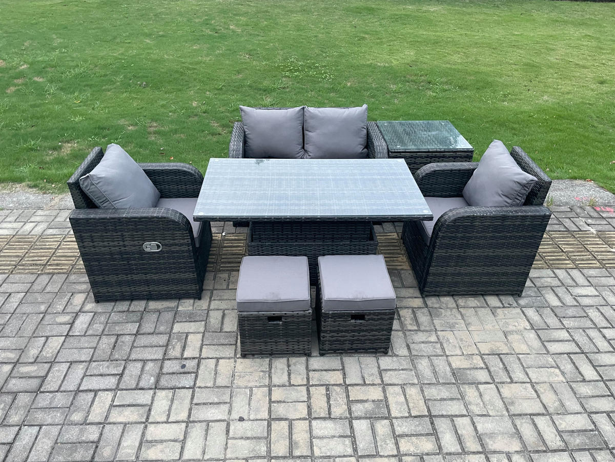 GARTENMÖBEL SET mit Esstisch Polyrattan 6-Sitzer - Dunkelgrau/Grau, Glas/Kunststoff - Fimous