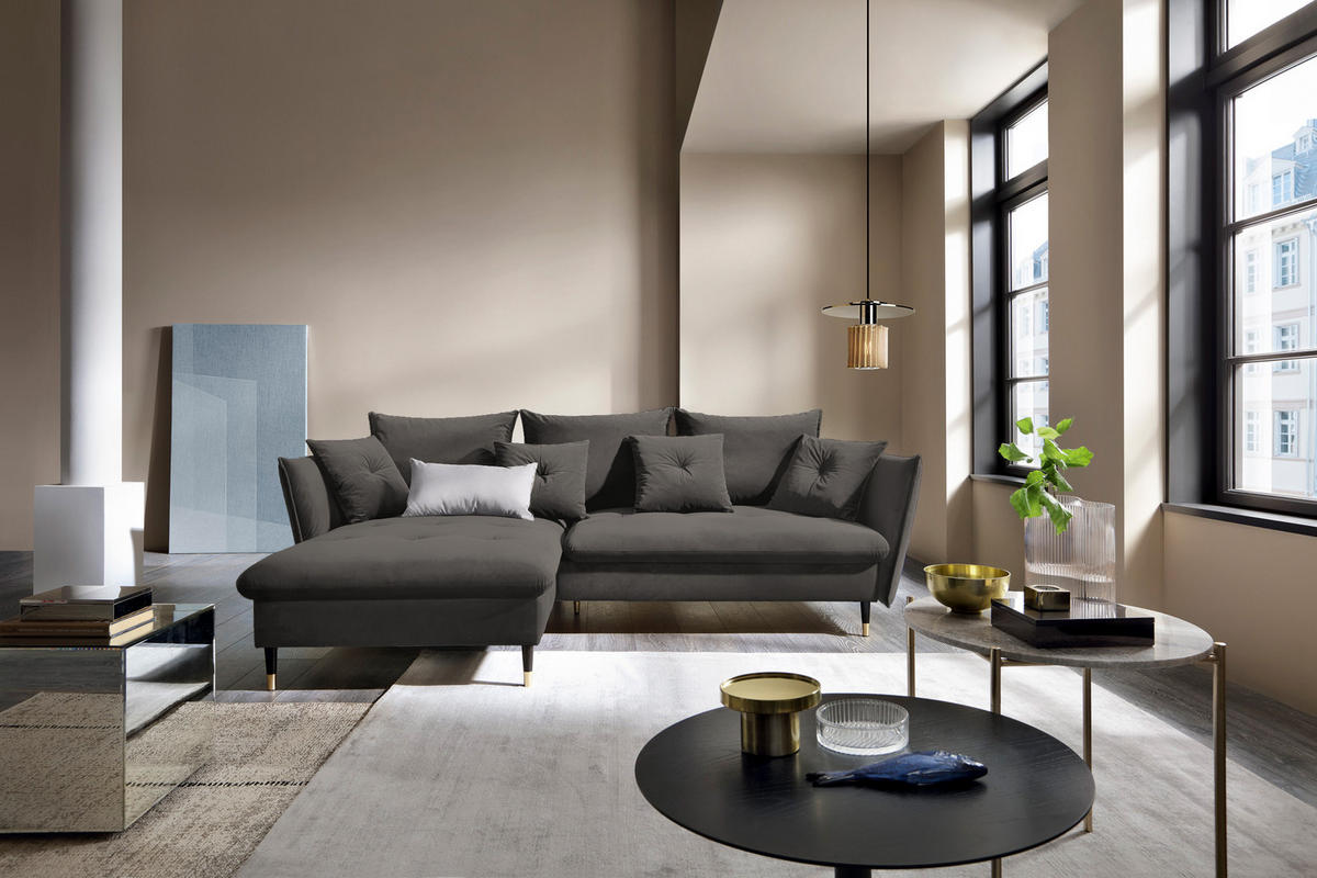ECKSOFA GLAM mit Schlaffunktion, Ottomane & goldenen Füßen – Samtsofa im Glamour-Stil mit Zierkissen, 258x167x91cm, Linke, DUNKELGRAU - Dunkelgrau, Holz/Textil (167/258cm) - DomoHome