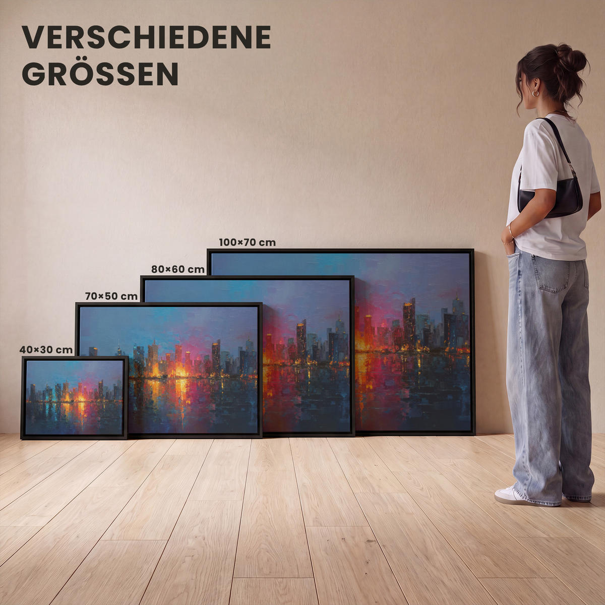 LEINWAND Bilder mit Rahmen - Skyline - Pinselstriche - Dunkelblau - Leuchtend - 70x50 - Blau, Textil (70/50cm) - MuchoWow