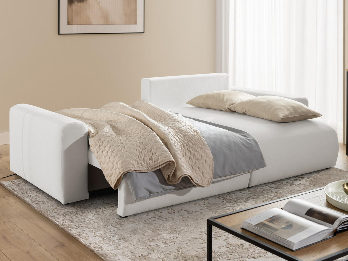 ECKSOFA Calma mit Schlaffunktion und Bettkasten im Bumpy-Design aus weichem Creme Webstoff - Ottomane rechts - Creme/Schwarz, Holz/Kunststoff (140/239cm) - S-Style