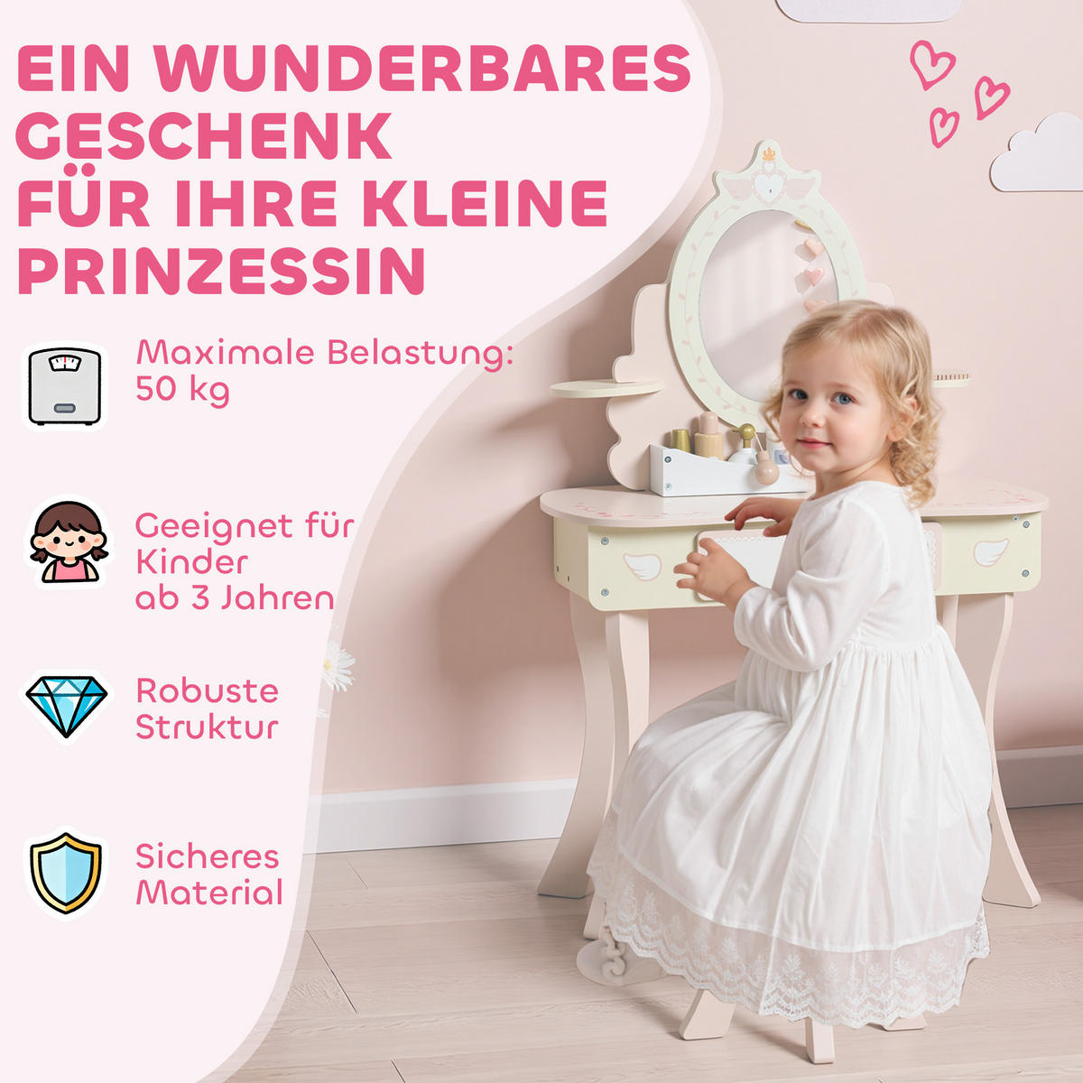SCHMINKTISCH DE-10496 2-in-1 mit abnehmbarem Spiegel Rosa - Pink, Holzwerkstoff (59.8/89.8/29.6cm) - ComfortXL