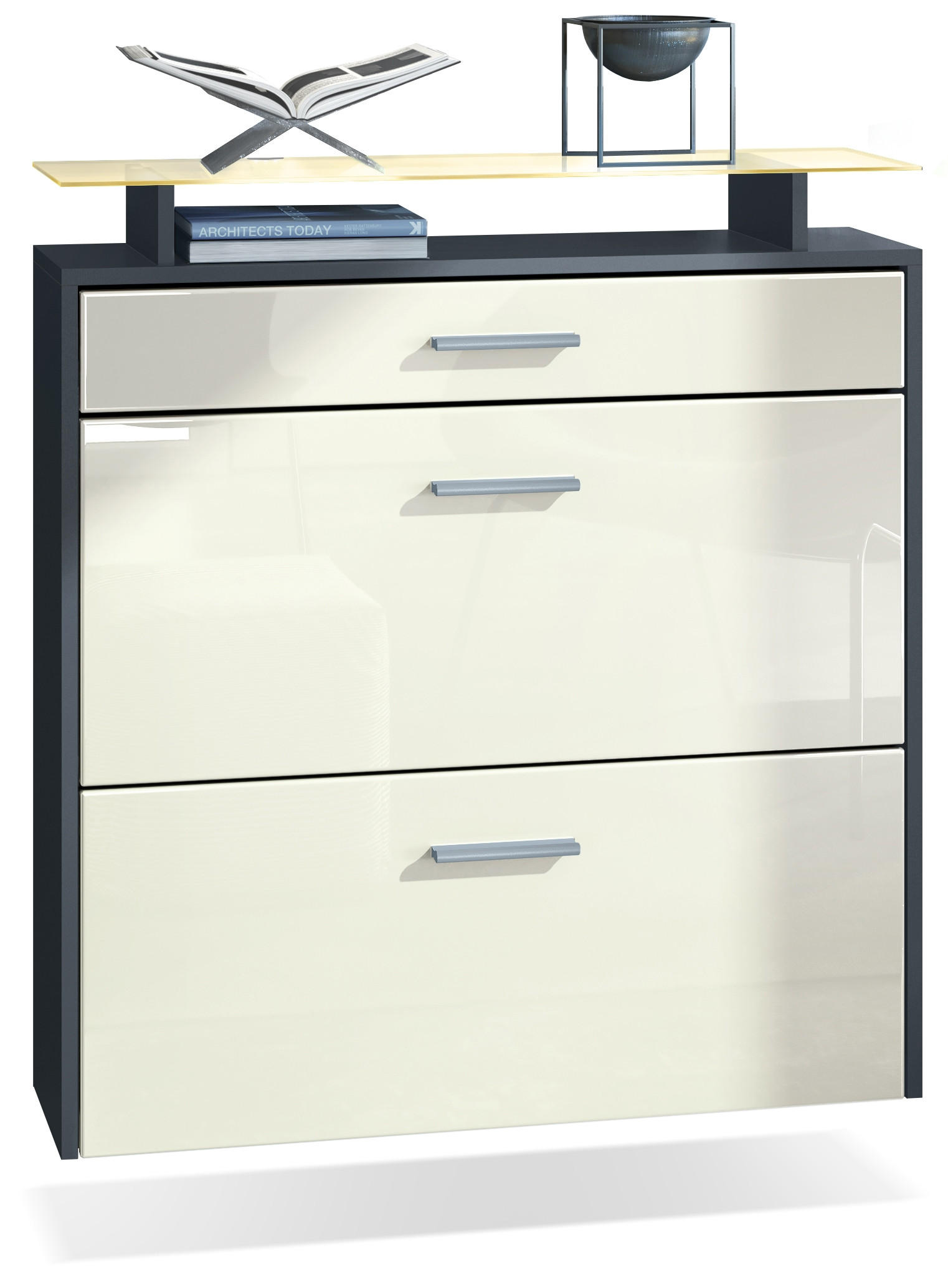 SCHUHSCHRANK Malea Fronten in Creme Hochglanz - Creme, Holzwerkstoff (89/96/23cm) - Vladon