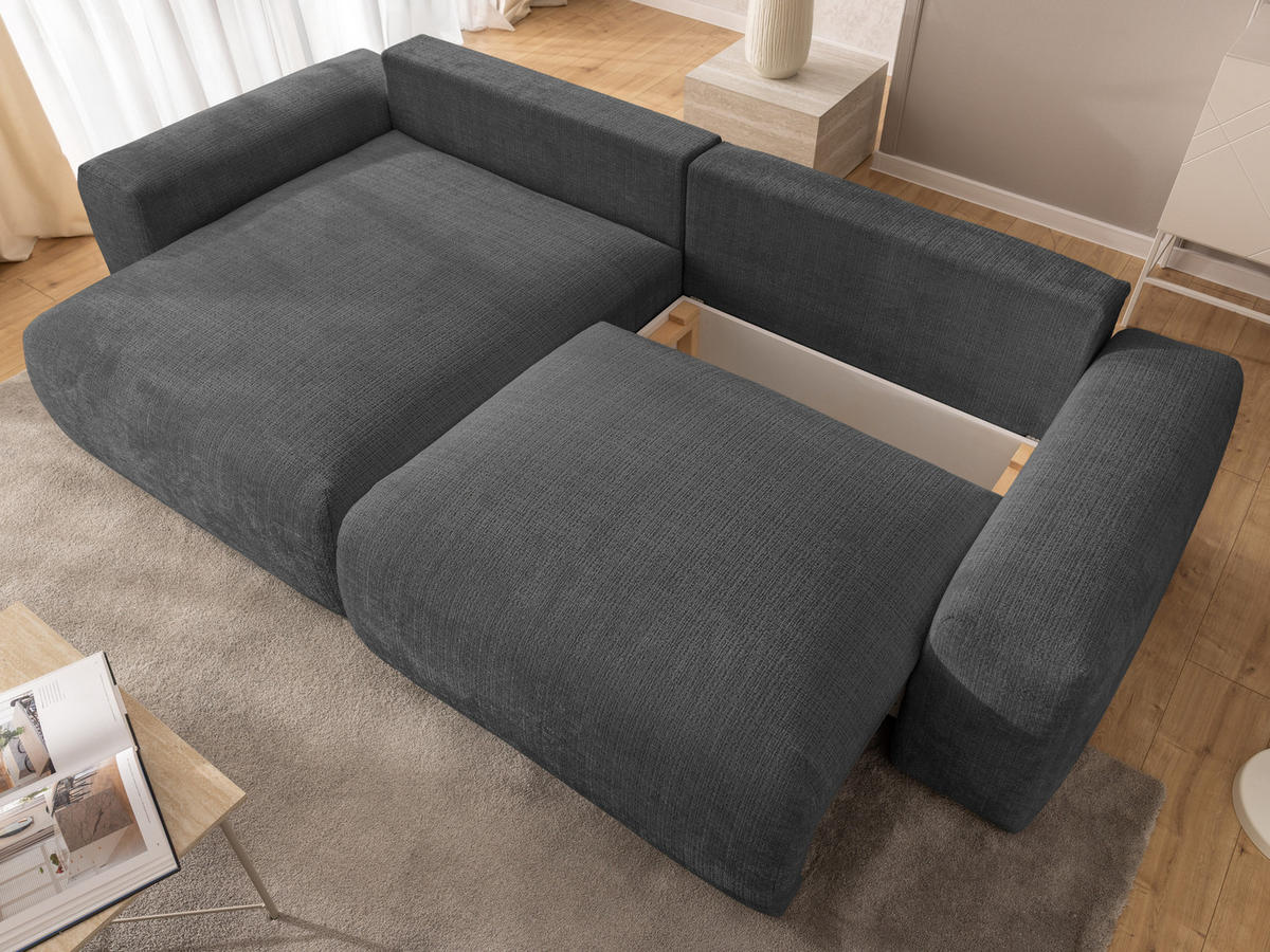 ECKSOFA Puffy mit Schlaffunktion und Bettkasten - besonders weich und puffig aus Grau Chenille-Stoff - Ottomane links - Schwarz/Grau, Holz/Kunststoff (138/266cm) - S-Style Möbel