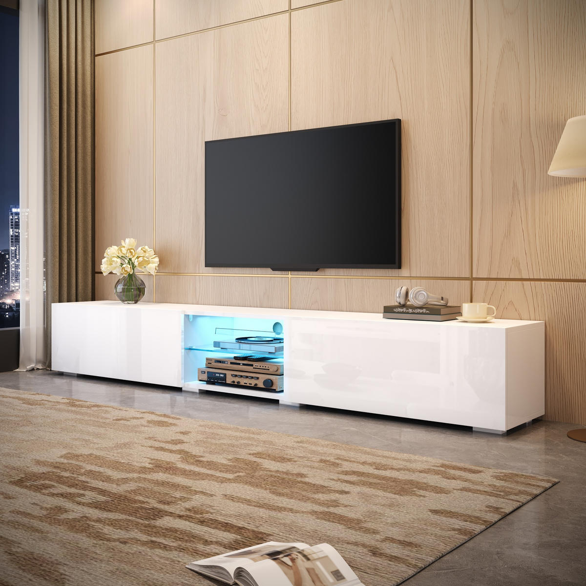 TV-SCHRANK 200/30/30 cm Weiß mit LED-Beleuchtung und 2 Türen - Weiß, Holzwerkstoff (200/30/30cm) - Oxeza