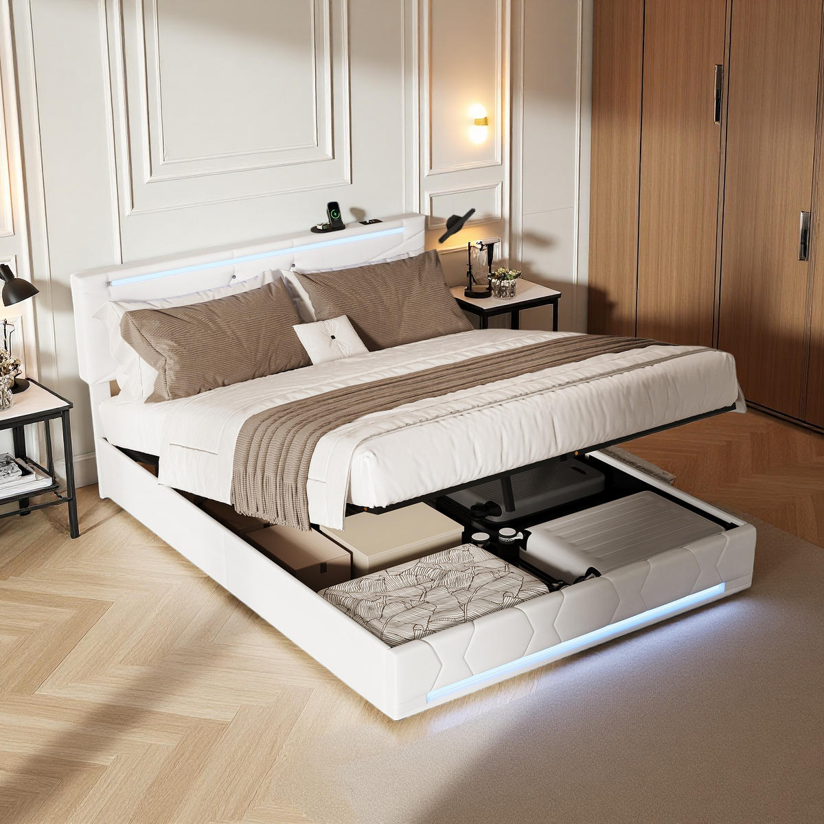 POLSTERBETT 140x200 cm LED USB Lattenrost Kopfteil Leinen beige - Beige, Holz (140/200cm) - LEBENLANG