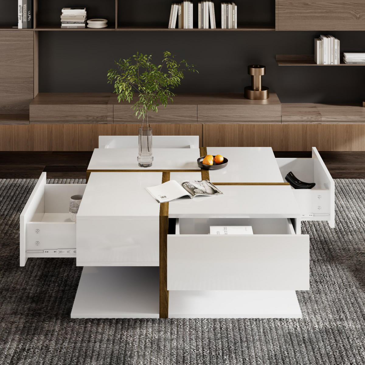 COUCHTISCH Weiß Quadratisch mit 4 Schubladen und Stauraum - Weiß, Metall (78/78/35cm)
