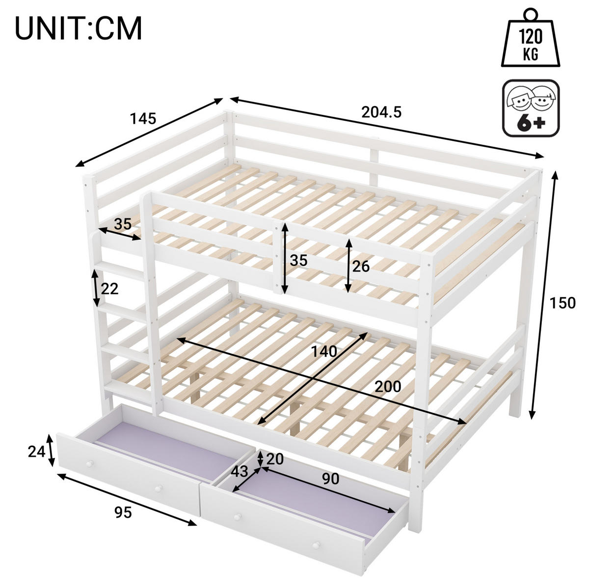 ETAGENBETT, 140x200 cm, mit Stauraumtreppe, Schrank und platzsparend, Weiß - Weiß, Holz (140/200cm) - OKWISH