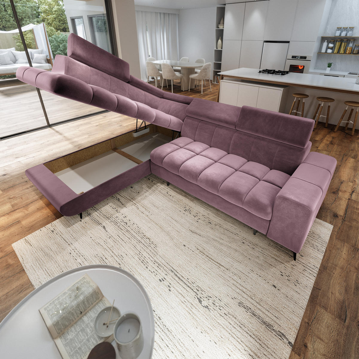 ECKSOFA MORIVA L-S Lila Velours-Stoff mit Schlaffunktion - Lila, Holz (253/190cm) - MASSENO