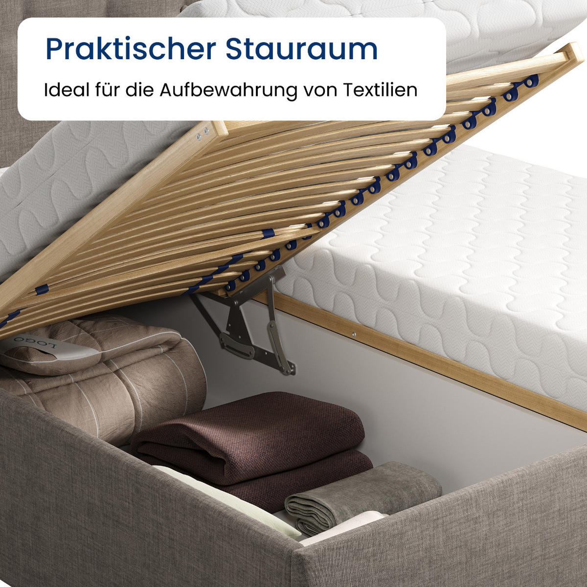 POLSTERBETT mit verstellbarem Lattenrost & Bettkasten, Kaltschaummatratze, 100 x 200 cm in beige - Beige, Holzwerkstoff/Textil (100/200cm) - Home Collective