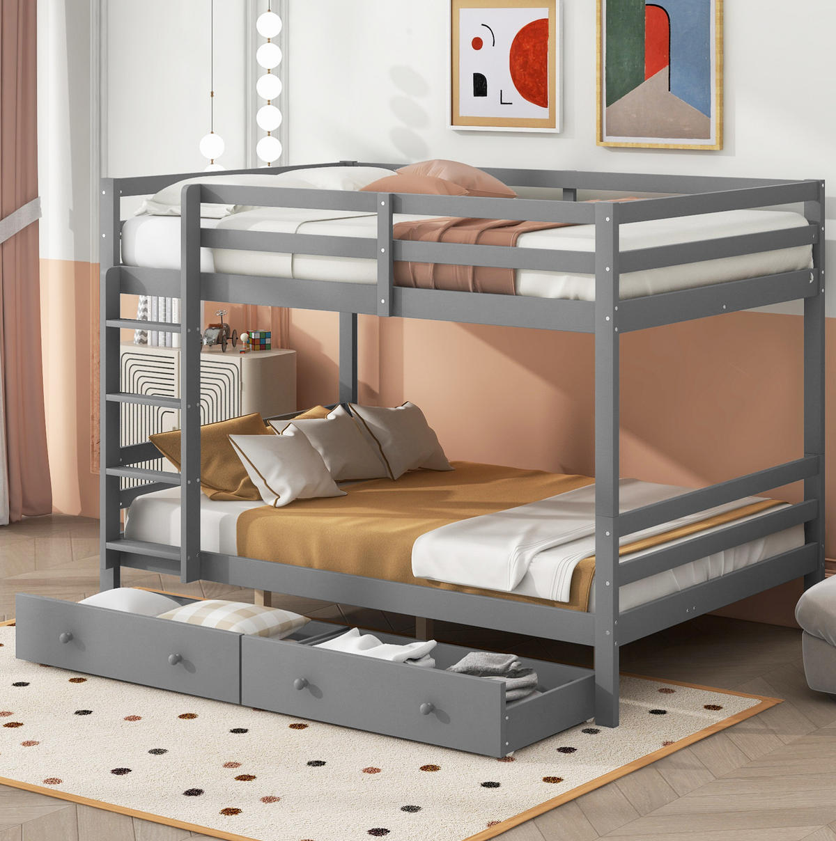 ETAGENBETT 140/200 cm mit Stauraum, Schublade, hoher Absturzsicherung und Treppe aus Kiefer , Grau - Grau, Holzwerkstoff (140/200cm) - Redom