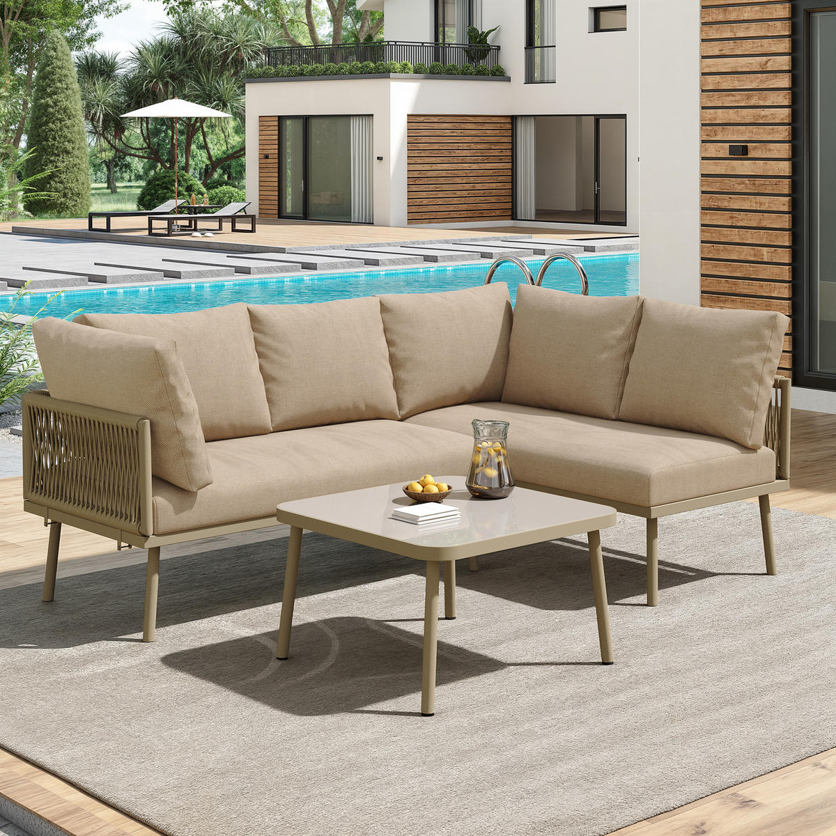 LOUNGESET L-Form Khaki 2 Sofas 1 Tisch Mit Verstellbaren Füßen - Hellbraun, Metall - FLIEKS