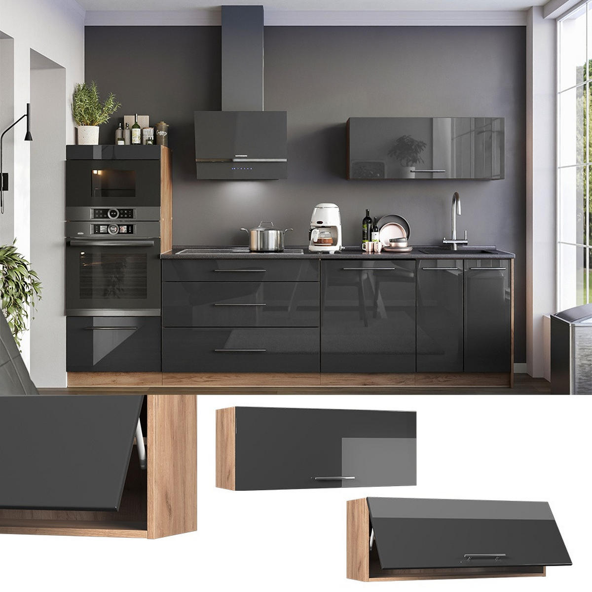 HÄNGESCHRANK Fame-Line, Anthrazit Hochglanz/Goldkraft Eiche, 100 cm - Honigeiche/Schwarz Hochglanz, Holzwerkstoff (100/40/34.1cm) - Vicco