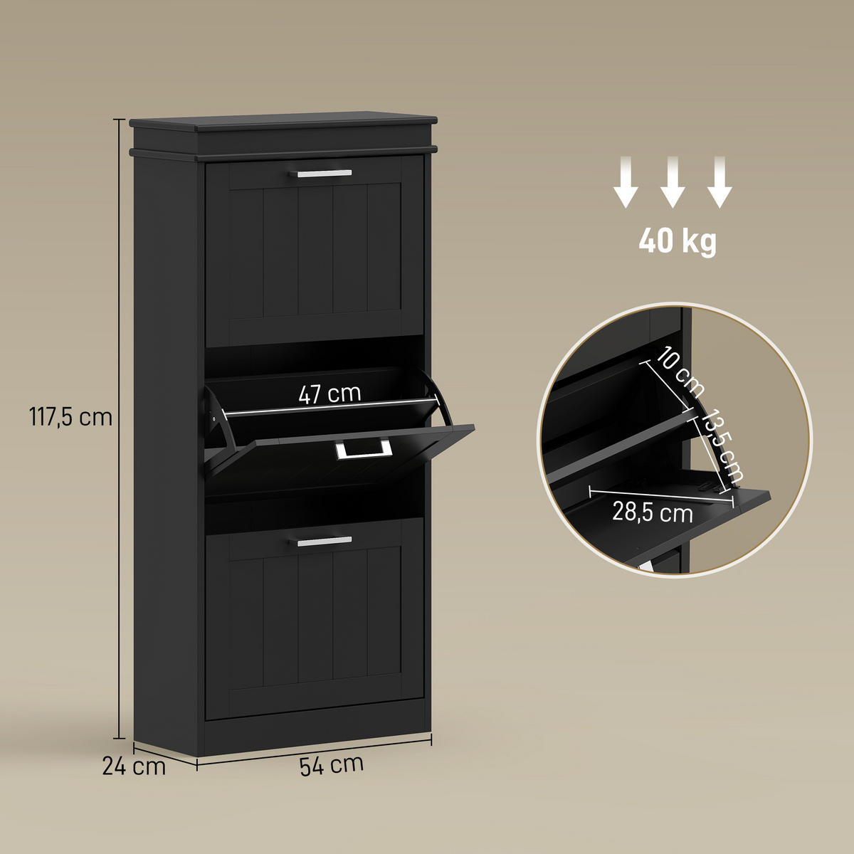 SCHUHSCHRANK Schwarz MDF klappbar mit 3 Fächern 1 Stück - Schwarz, Holzwerkstoff (54/117.5/24cm) - PANGIVO
