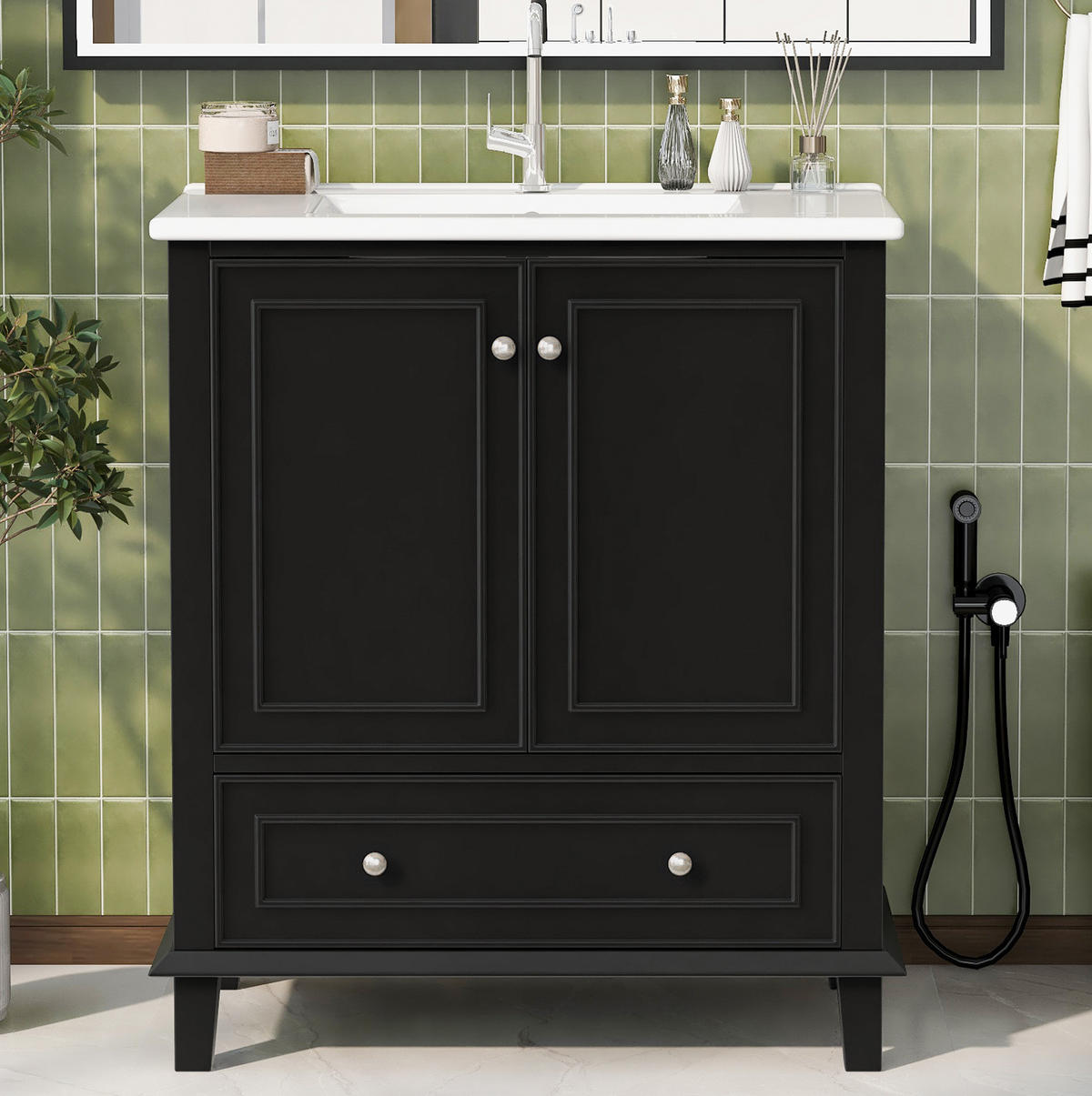 WASCHTISCHKOMBI 73x45x87 cm Schwarz aus Keramik & Spanplatte mit Waschbecken & Soft-Close Schublade - Schwarz, Holzwerkstoff (73/87/45cm) - Modfu