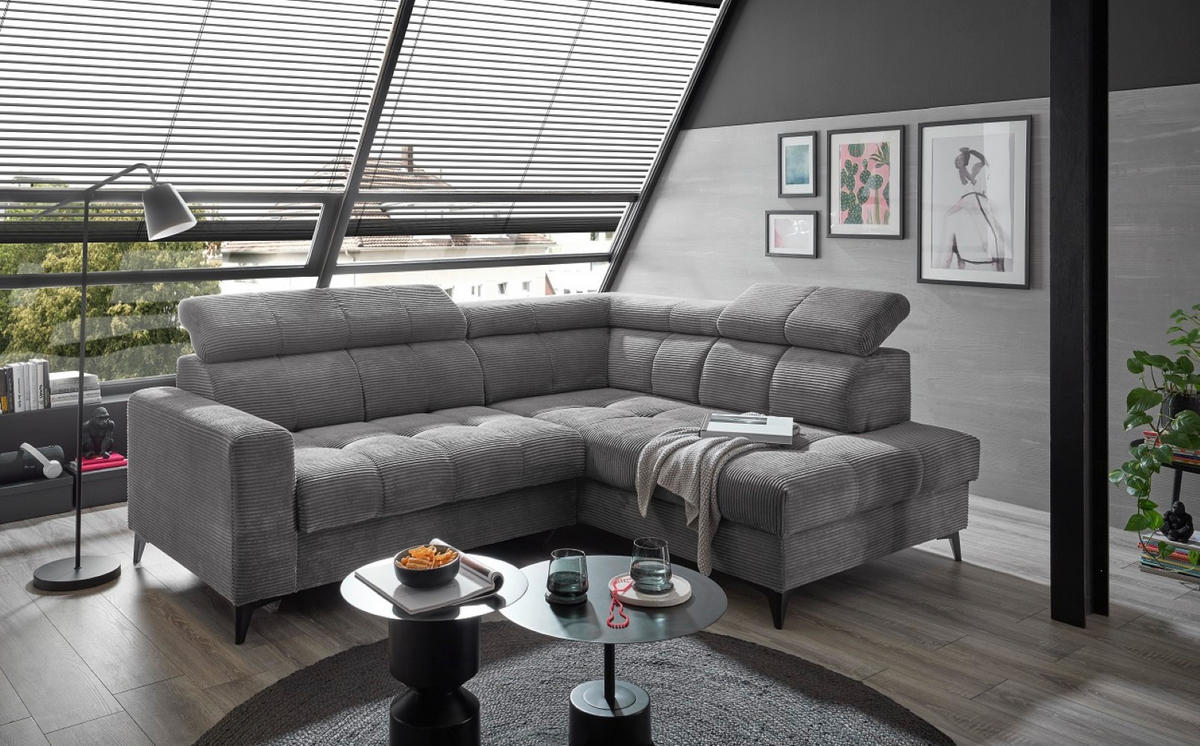 ECKSOFA mit elektronische Sitztiefenverstellung, USB-Anschluss und stilvollem Breitcord-Bezug - Hellgrau/Zwetschgefarben, Textil (200/243cm) - ed exciting design