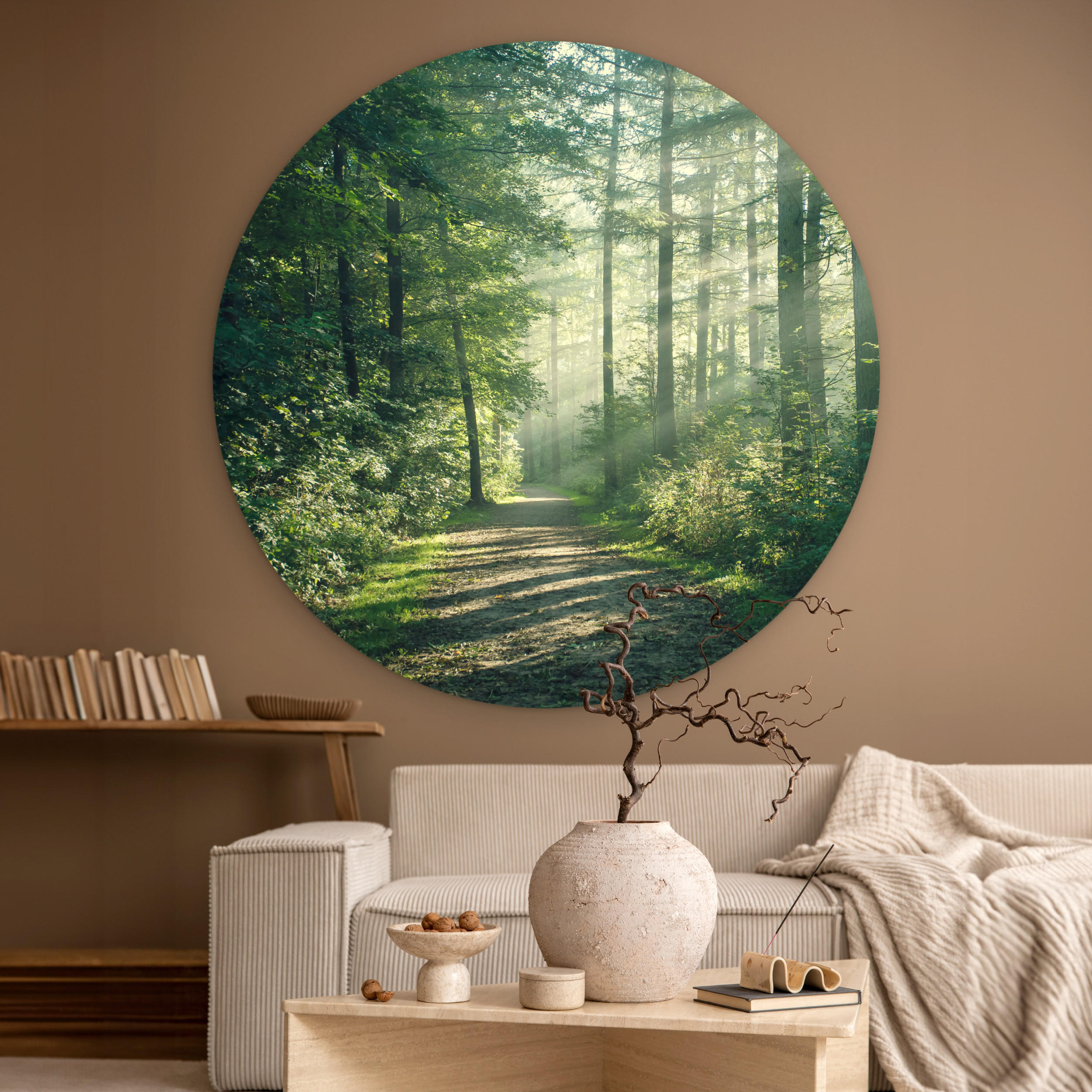 WANDBILD Wald - Weg - Sonne - Bäume - Grün - Natur 120x120 cm - Waldgrün, Kunststoff (120/120cm) - MuchoWow