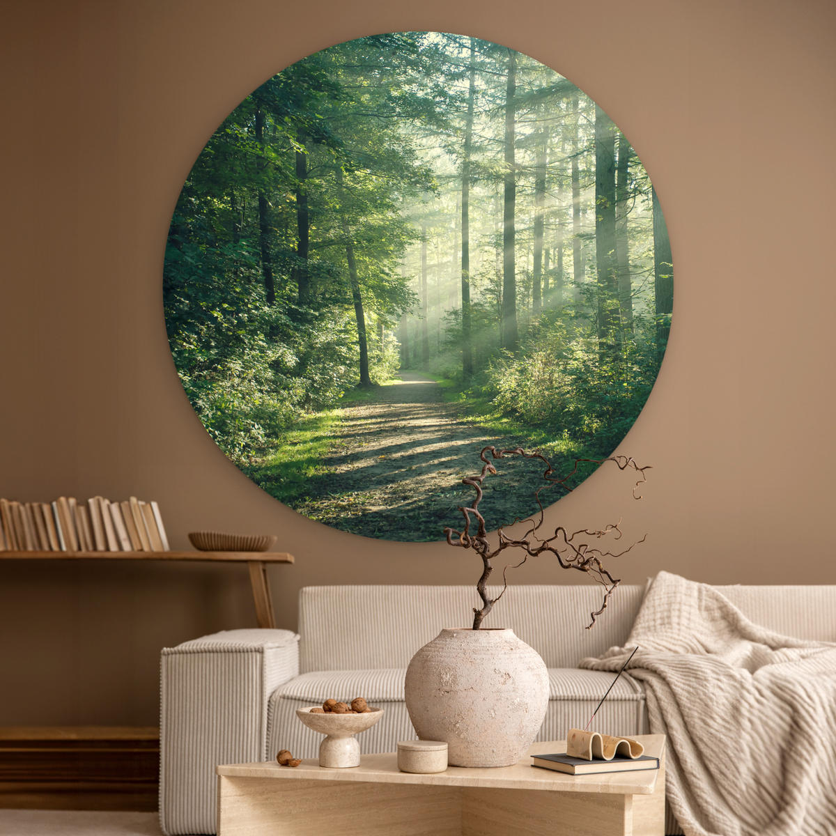 WANDBILD Wald - Weg - Sonne - Bäume - Grün - Natur 120x120 cm - Waldgrün, Kunststoff (120/120cm) - MuchoWow