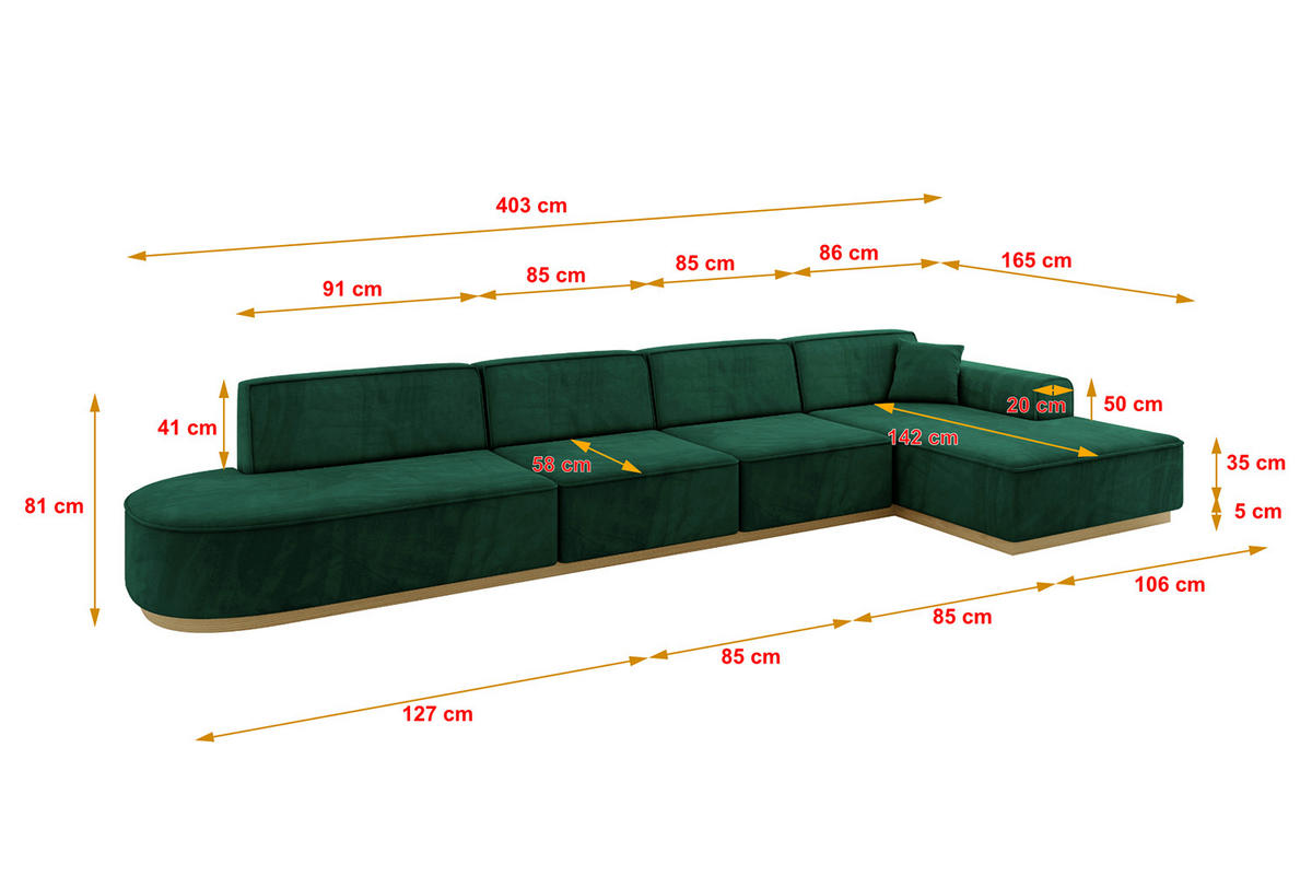 ECKSOFA Ottomane Rechts IREA-L3-v2 - 403x165x81 cm Grün - Grün, Holzwerkstoff/Textil (403/165cm) - ALTDECOR