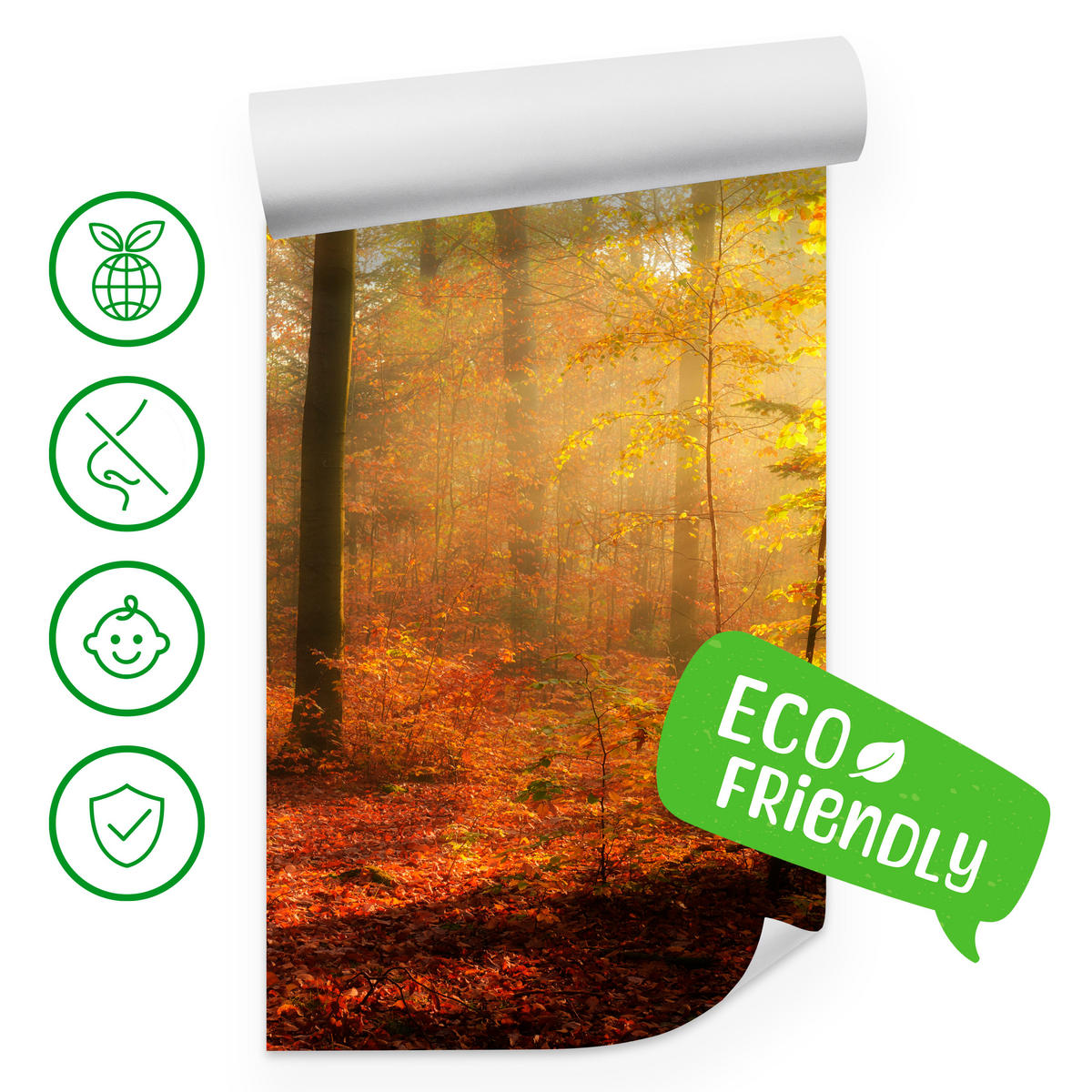 FOTOTAPETE für Wohnzimmer Herbstnebel Laubwald Bäume 350x256 - Gelb/Rot, Papier (350/256cm) - Muralo