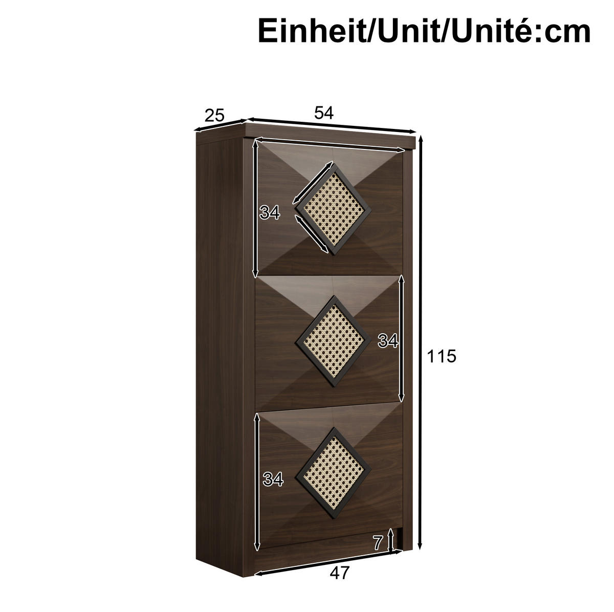SCHUHSCHRANK mit Klappen 54/25/115 cm in Dunkelbraun mit Rattan-Dekor - Naturfarben, Holzwerkstoff (54/115/25cm) - BEAOK