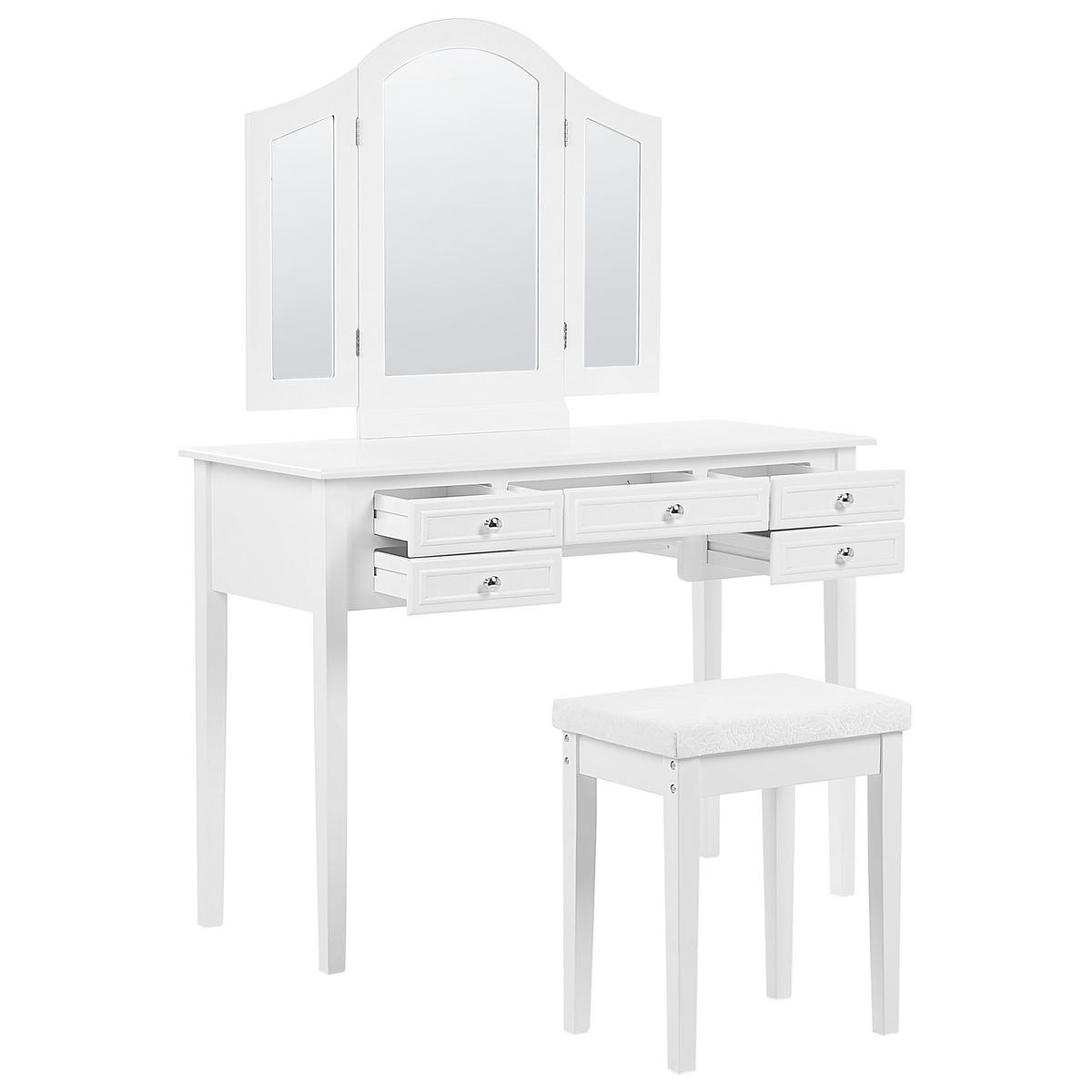 SCHMINKTISCH 3-teiliger Klappspiegel Hocker 5 Schubladen weiß Lumiere - Weiß, Holzwerkstoff (95/144/45cm) - Beliani