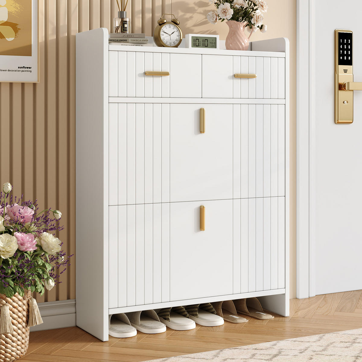 SCHUHSCHRANK 75x24x108.5cm Weiß mit 2 Schubladen - Weiß, Holzwerkstoff (75/108.5/24cm) - FLIEKS