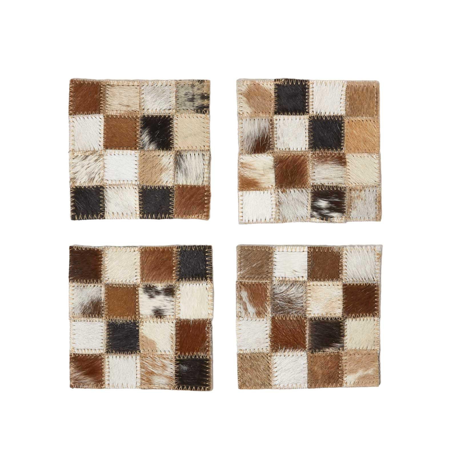 UNTERSETZER 4er-Set mit Patchwork-Karo, Fell & Leder, 10/10 cm - Multicolor, Leder (10/10cm) - Homescapes