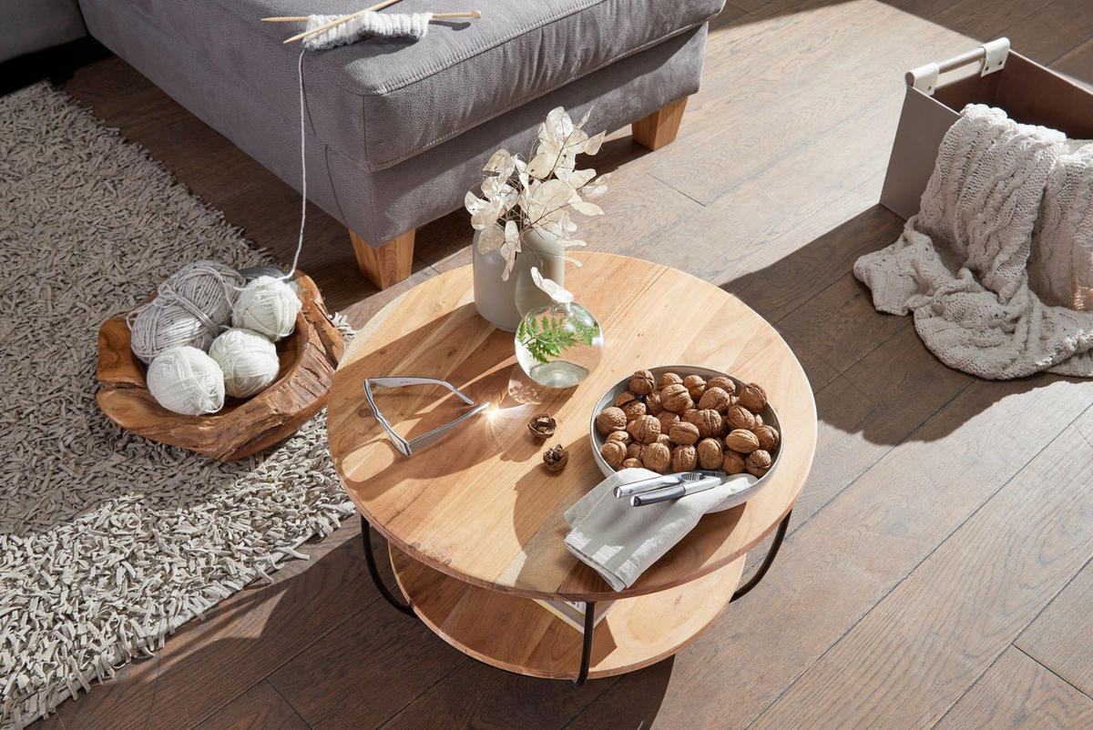 COUCHTISCH Industrial, Akazienholz mit schwarzen Edelstahlbeinen, handgefertigt - Beige/Schwarz, Holz/Metall (60/60/34cm) - KADIMA DESIGN
